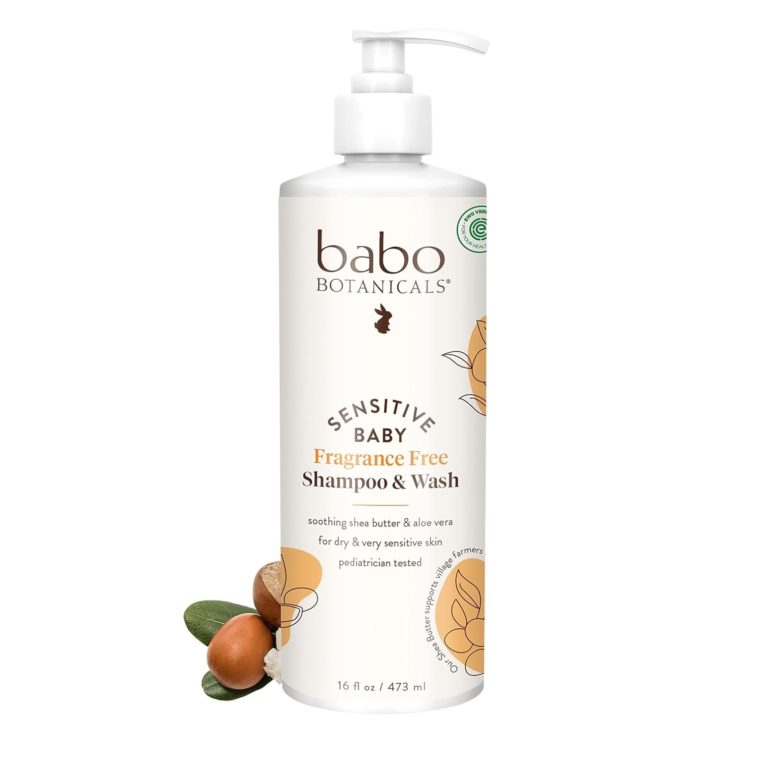Babo Botanicals Sensitive Baby Fragrance-Free 2-in-1 Shampoo & Wash – Shea Butter, Calendula & Aloe Vera – EWG Verified – Cruelty-Free – Vegan – Pediatrician Tested – For Babies & Kids