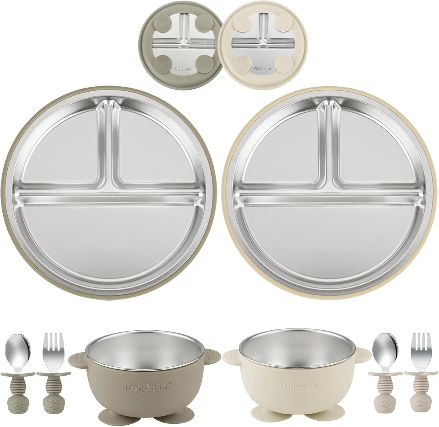 PandaEar 8PCS Baby Feeding Set | Stainless Steel Suction Plates and Bowls with Silicone Fork and Spoon Utensils | Baby Led Weaning Tableware for Toddlers & Kids (Tan & Walnut)