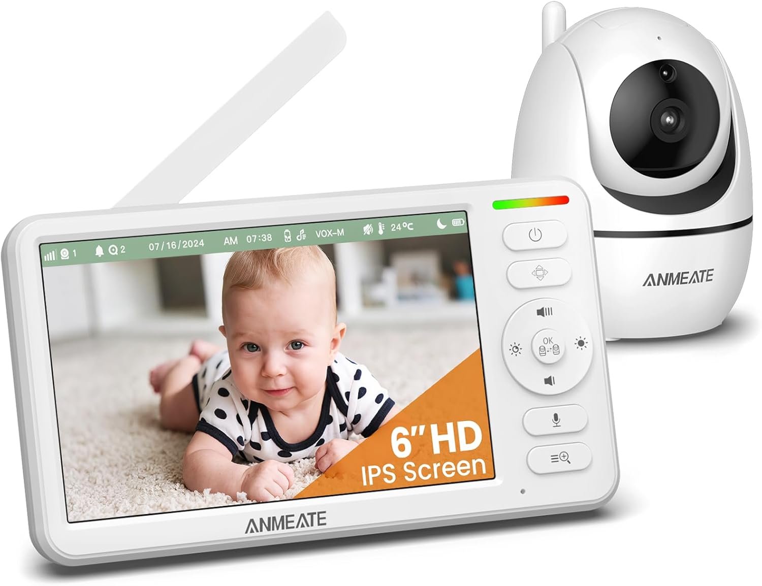 ANMEATE 6 Inch Baby Monitor with Camera and Audio – No WiFi, 48-Hour Battery, Thermal Sensor, Remote Pan/Tilt/Zoom, Two-Way Talk, Lullabies&White Noise, 1000ft Range