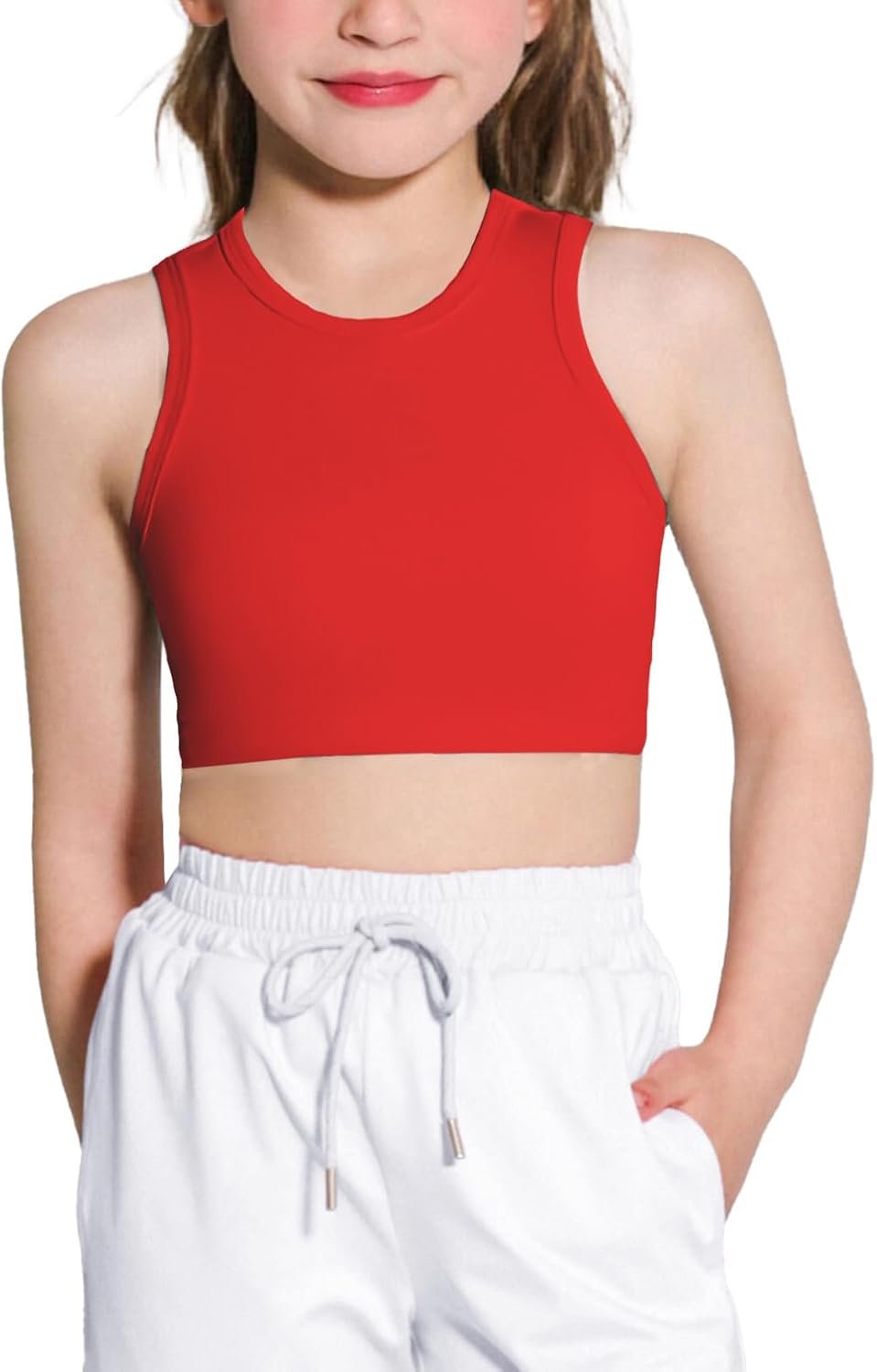 Girls Sports Bra Racerback Crop Tank Top for Kids High Neck Sleeveless Athletic Dance Top Teen 3-12Y