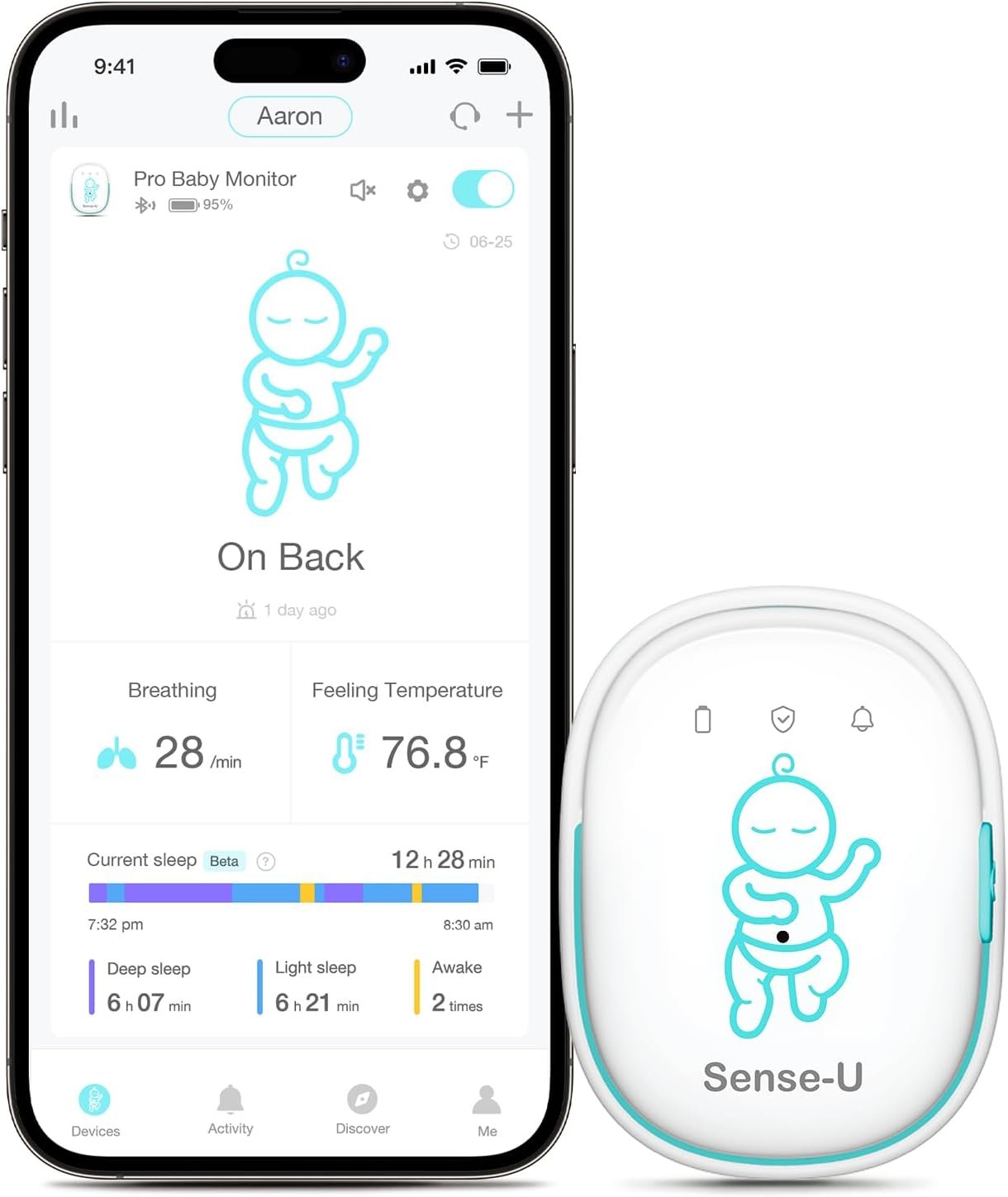 Sense-U Pro Baby Monitor – Breathing Movement, Rollover & Overheating Trackers for Better Sleep, Simple Clip-On Smart Sleep Monitor with Arousal Vibration, Audible Alerts & Sleep Analysis