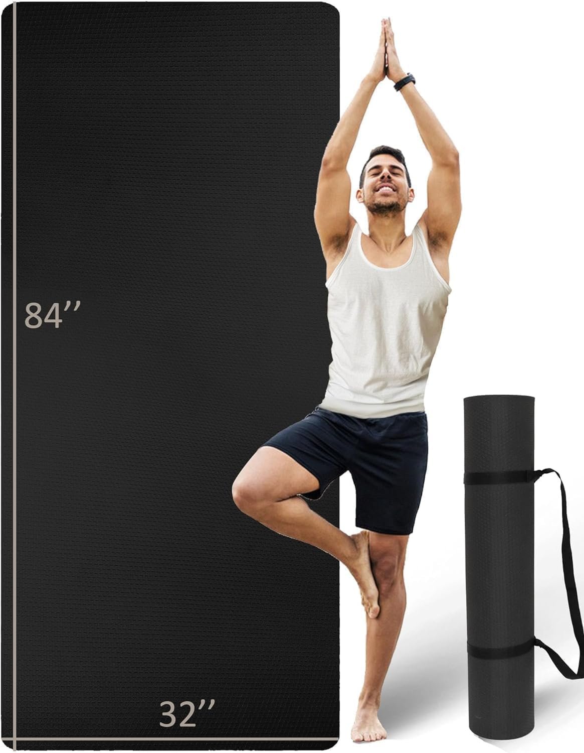 Extra Long & Wide Thick Yoga Mat for Tall Men & Women, 84” x 32” x 7mm Oversized Yoga Mat Double-Sided Non Slip, Pro TPE Yoga Mats with Strap