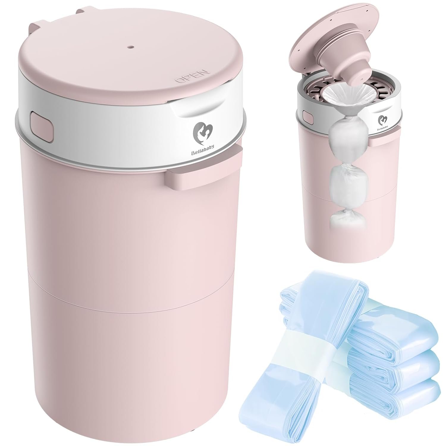 Bellababy Diaper Pail, Upgrade Baby Diaper Bin with Double Odor Locking, Includes 4 Refills (270 inches/pcs), Compact Design for Nursery, Pink