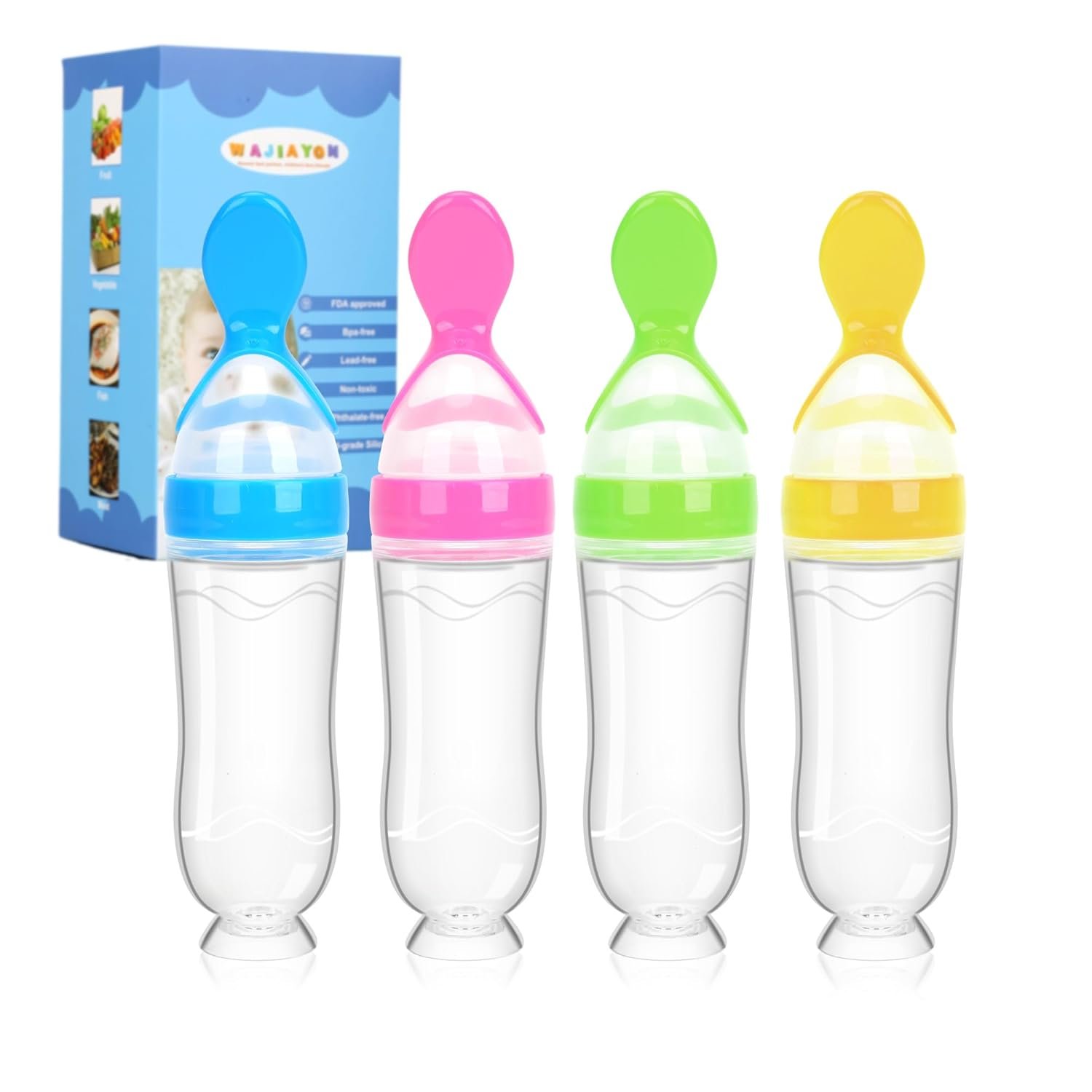 Baby Food Feeder 4 Pack Silicone Baby Food Dispensing Spoon-WAJIAYON, 3 oz Squeeze Feeding Spoons with Suction Cup for Boys Girl Kids Toddlers – Self Feeding Bottle Spoon