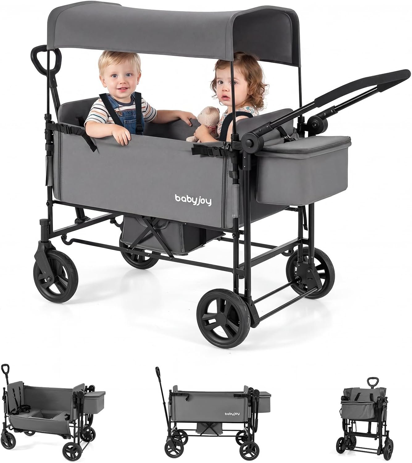 BABY JOY Wagon Stroller for 2 Kids, Foldable Side-Unzip Stroller Wagon with Adjustable Push/Pull Handle, Removable Canopy, Storage Bag, Harness & All-Terrain Wheels for Zoo, Beach & Travel (Gray)