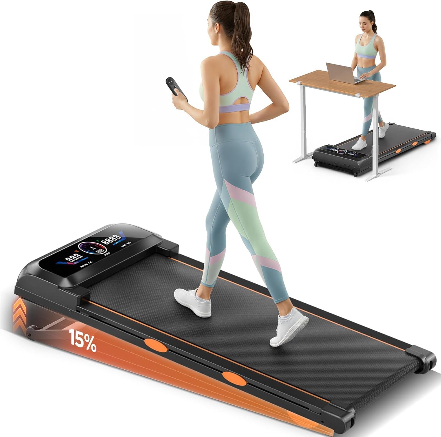 Walking Pad with 15% 12-Level Auto Incline/Bluetooth Speaker/RGB Light, 3 in 1 Under Desk Treadmill, 3.5HP Quiet Portable Treadmill for Home Hiking, 450lbs Capacity, APP & Remote