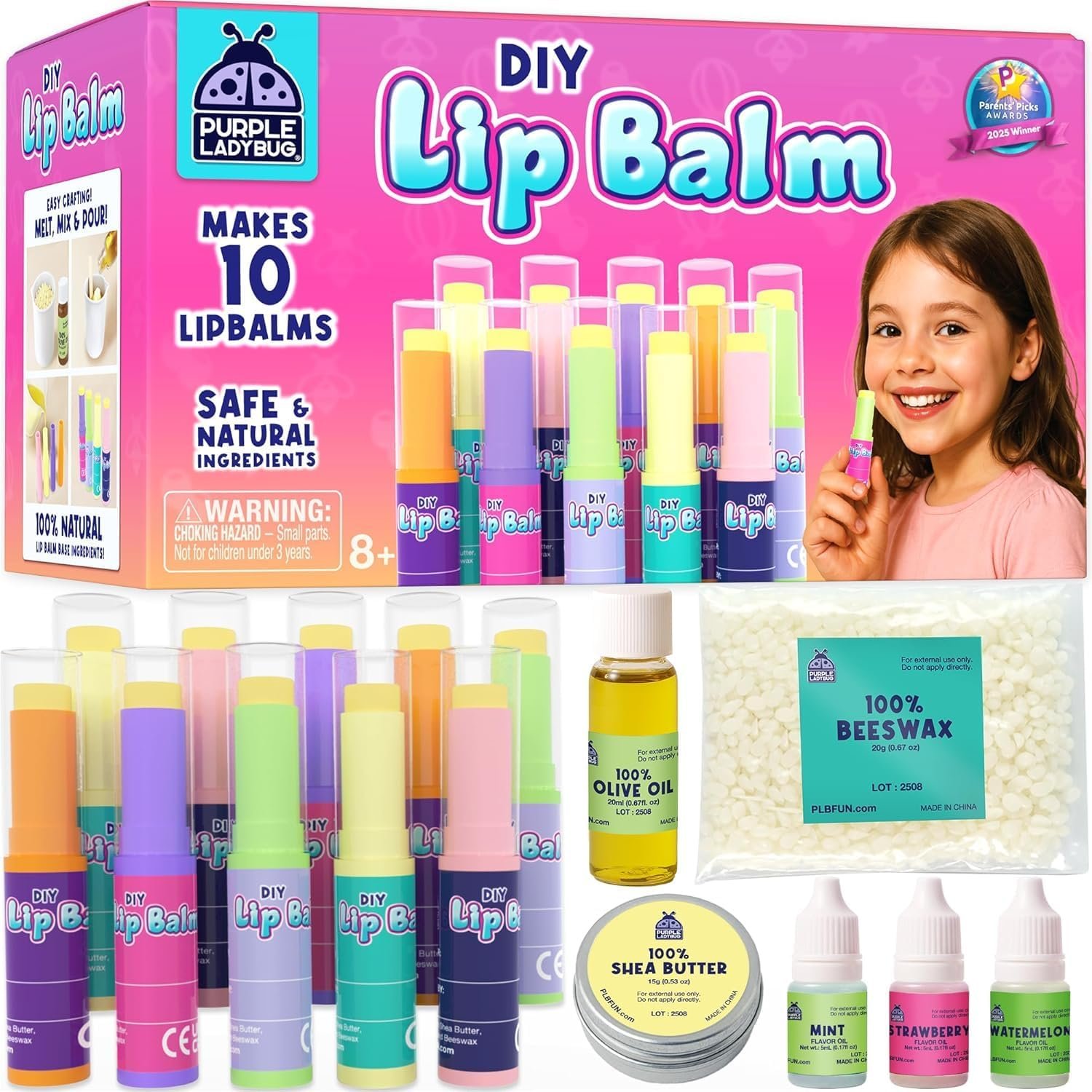 PURPLE LADYBUG DIY Lip Balm Making Kit – STEM Gifts for 10 Year Old Girl & Great 9 Year Old Girl Birthday Gifts – Science Kits for Kids Age 8-12, Make Your Own 10 Experiment Lip Balm with 3 Flavors