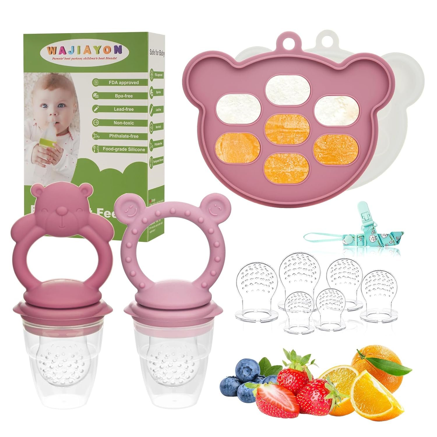 Baby Breastmilk Popsicle Molds & Baby Fruit Feeder (4 Pack), Infant Food Freezer Tray Storage Containers, Silicone Teething Pacifier Feeder and Teether for Babies,Silicone Feeder(Pink)