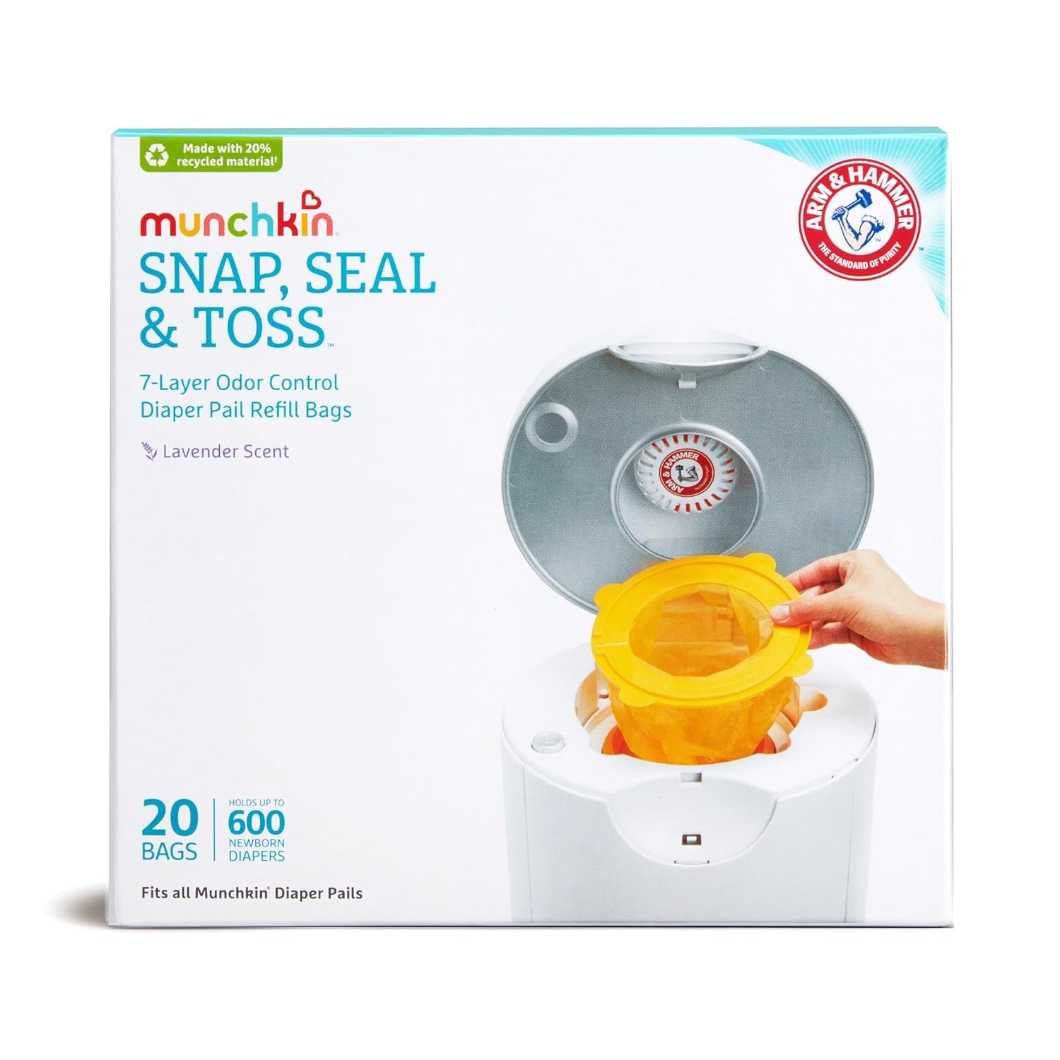 Munchkin Arm & Hammer Diaper Pail Refill Bags, Snap, Seal, Toss Disposable Diaper Trash Bags, Lavender Scented, 20 Pack, Holds up to 600 Newborn Diapers
