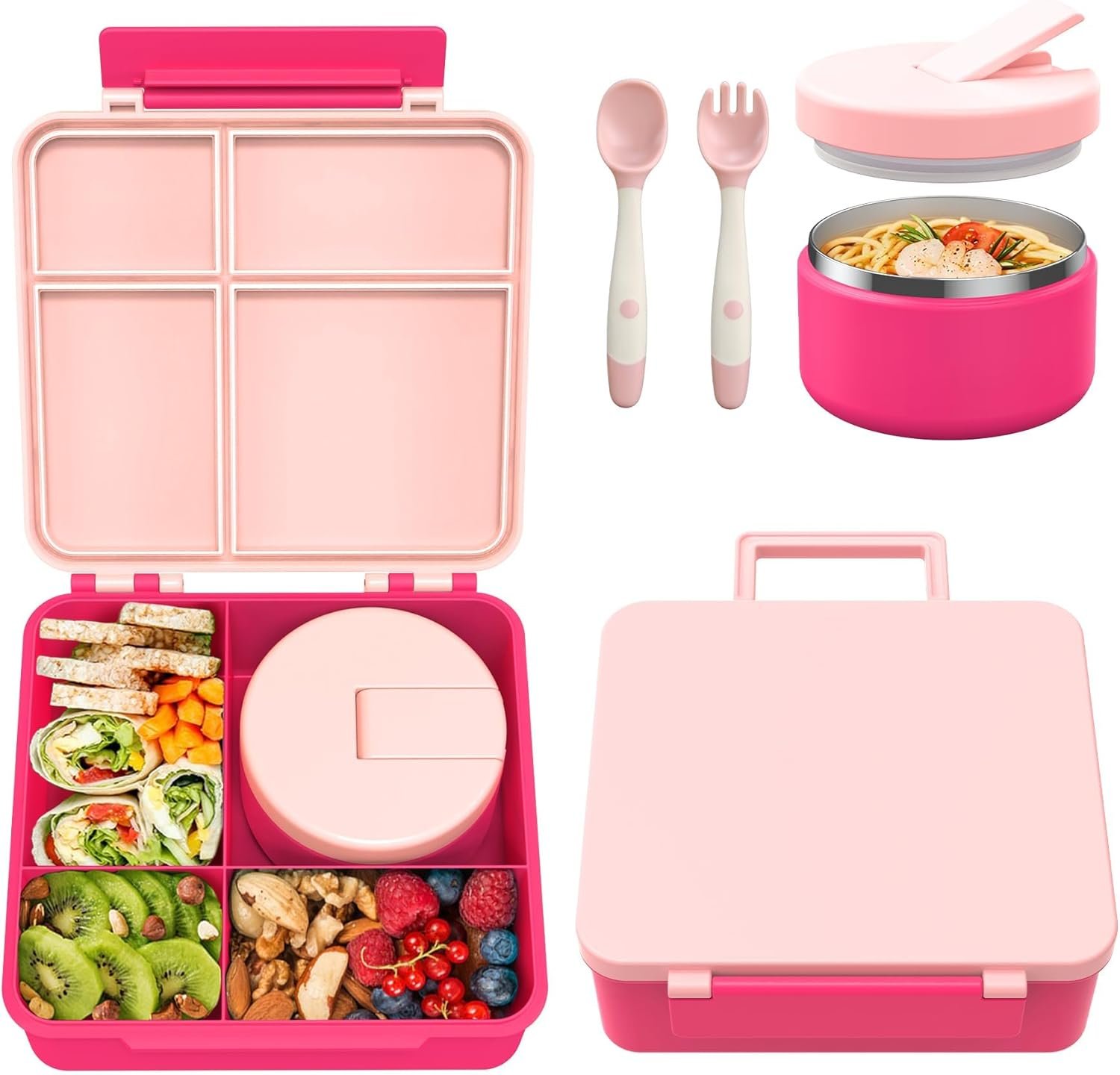 Pawtong Bento Lunch Box with 8oz Soup Thermo, Kids Leakproof Lunch Food Containers with 4 Compartment, Kids Thermo Insulated Hot Food Jar for School, Trvael – (Pink)