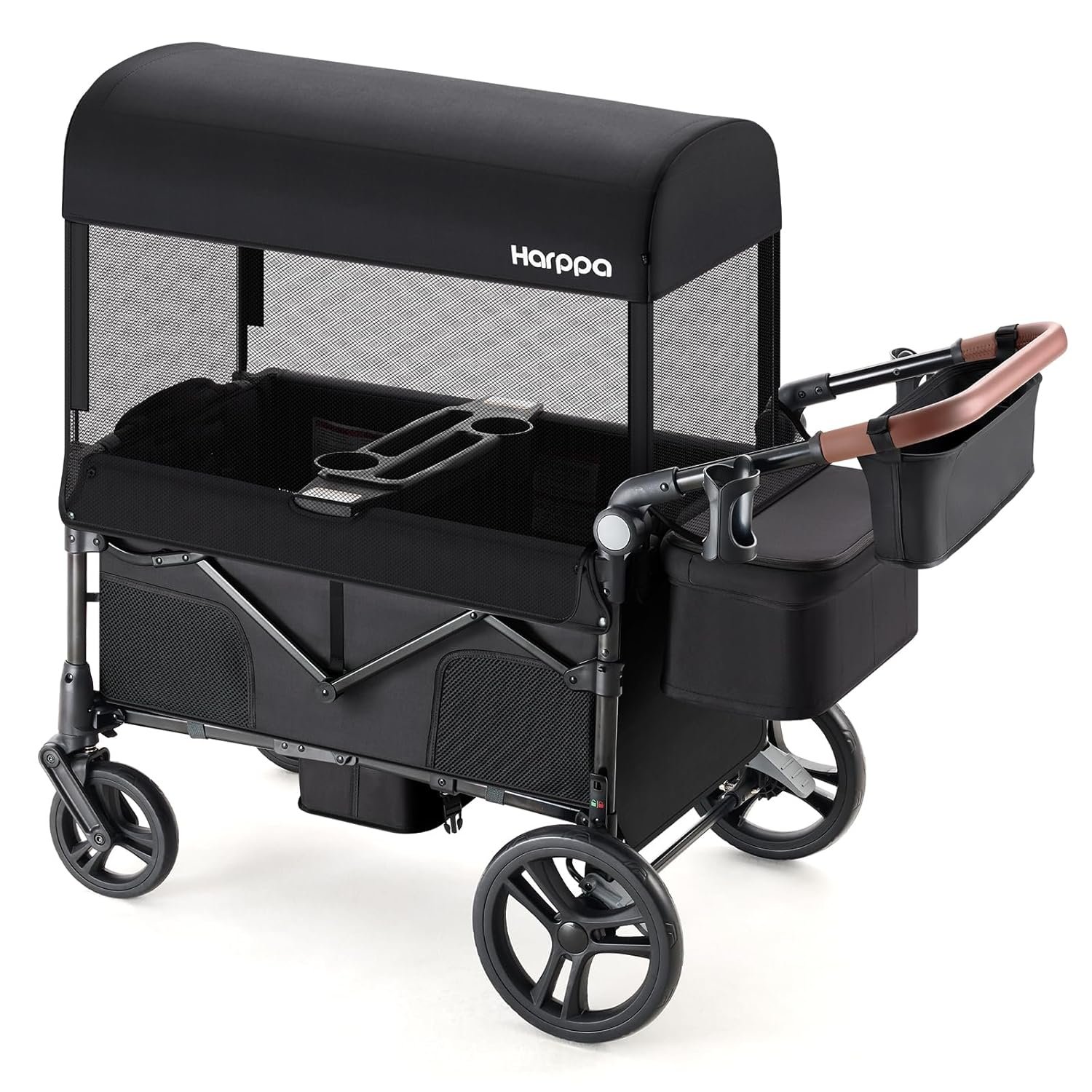 Harppa Remy Foldable Wagon Stroller for 2 Kids with Mosquito Net UPF 50+ Canopy, 180 lbs Capacity, 5-Point Harness, All-Terrain Wheels, Adjustable Handle for Park Zoo Camping Twins and Siblings Black