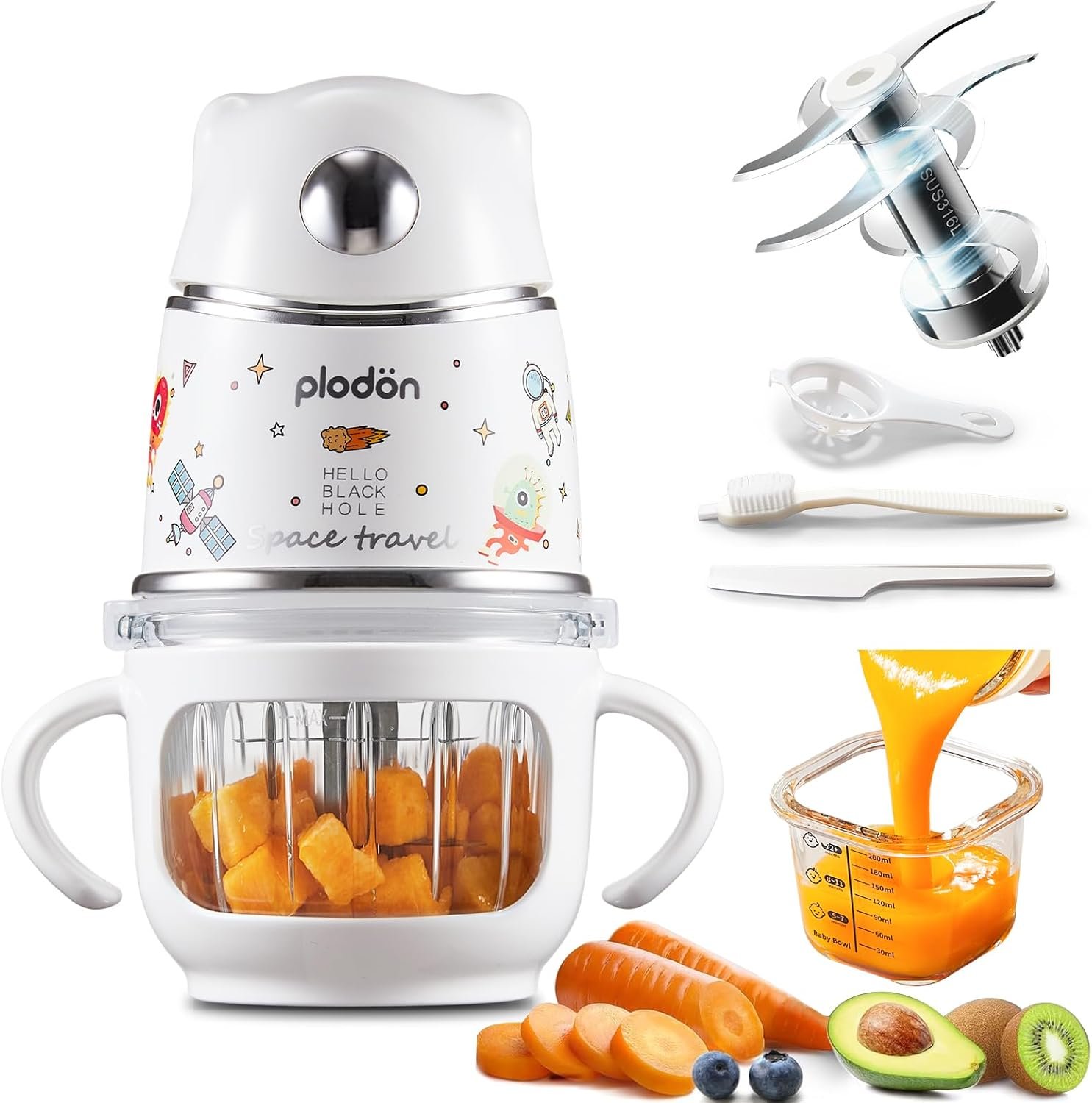 Baby Food Maker, 10oz Glass Baby Puree Blender with Cup Sleeve for Fruit,Vegatable&Meat, 316 Stainless Steel 8-Blade Mini Baby Food Processor with Brush,Strainer Plate&Spatula, Silver (35000RPM)