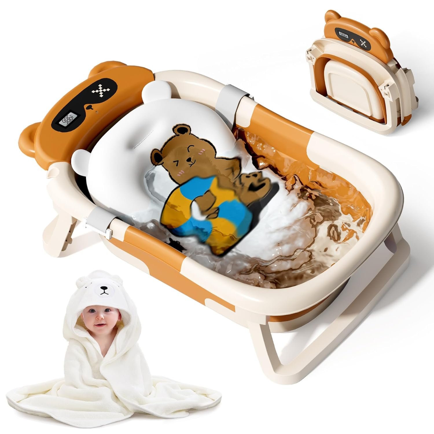 Collapsible Baby Bathtub for Newborn to Toddler (0-18 Months) – Foldable Baby Bath Tub with Soft Towel, Newborn& Infant Bathtub for Travel and Outdoor, Brown