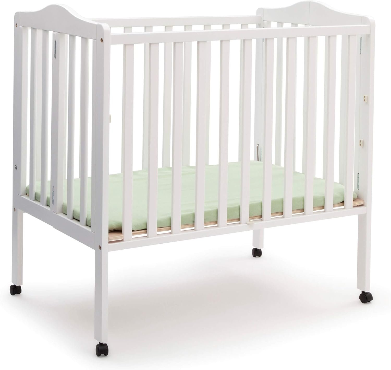 Delta Children Folding Portable Mini Baby Crib with 1.5-inch Mattress – Greenguard Gold Certified, White