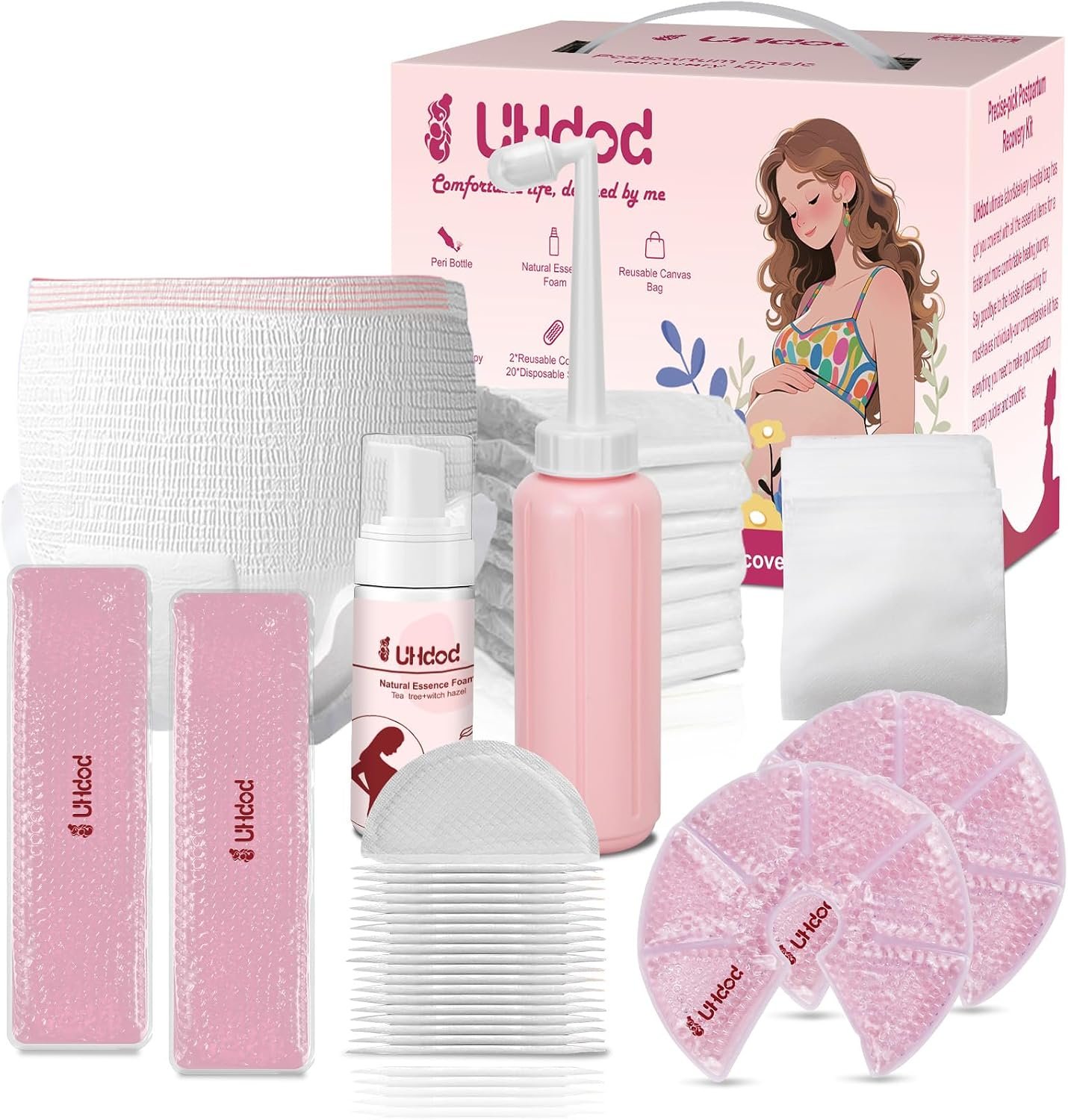 UHdod Postpartum Essentials Recovery Kit, Postpartum Kit for Women After Birth Labor Delivery Care, Disposable Underwear Cold Pads Cooling Foam Peri Bottle Nursing Pads Breast Ice Packs