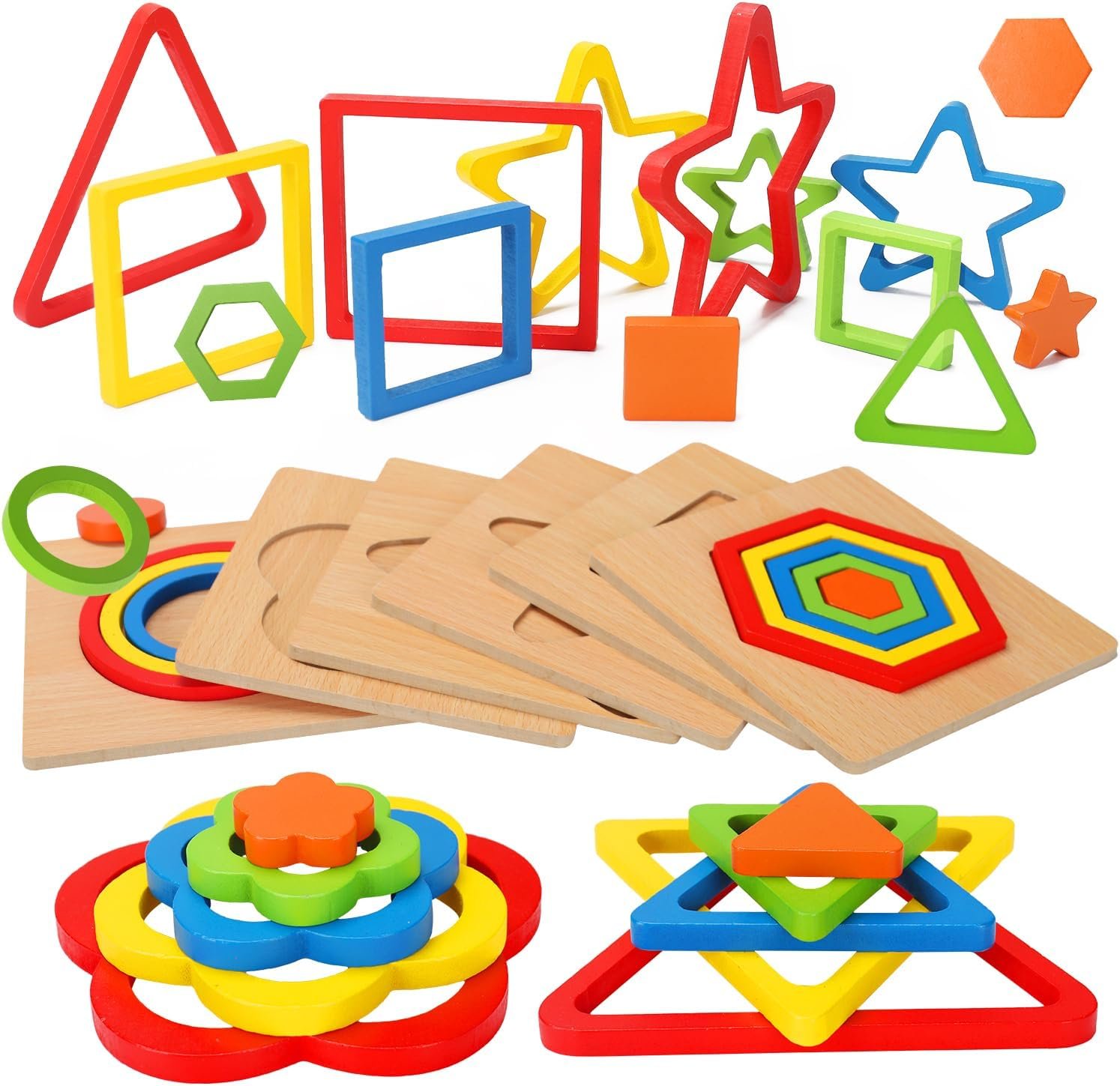 AugToy Toddler Puzzles Montessori Toy Wooden Shape Sorting Puzzle Sensory Toy Toddler Activities Preschool Learning Educational Autistic Developmental 1 2 3 Year Old Girl Boy 1-3 Dementia Game Gift