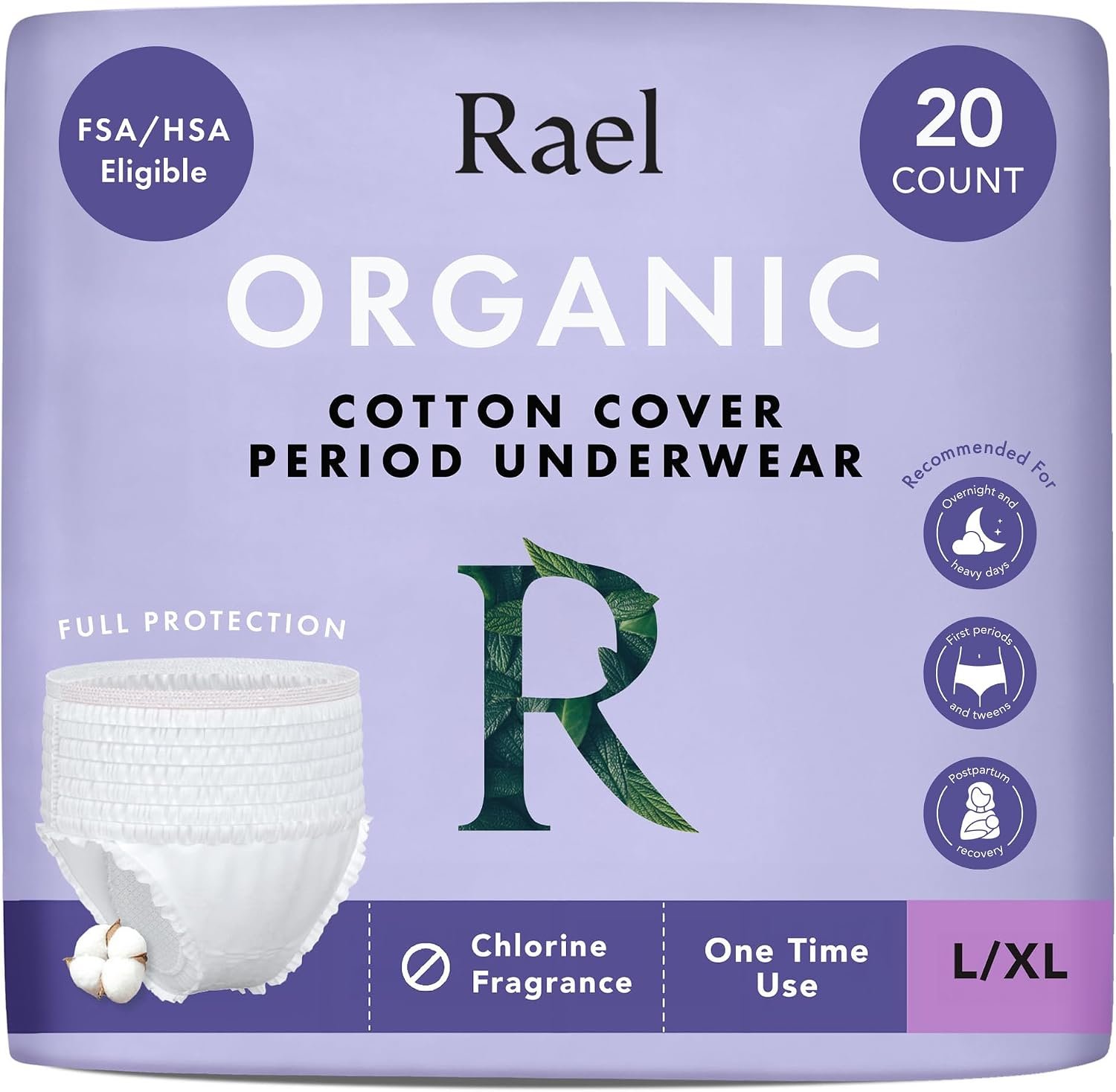Rael Disposable Underwear for Women, Organic Cotton Cover – Postpartum Essentials, Leak Locker, Unscented, Maximum Coverage (Size L-XL, 20 Count)
