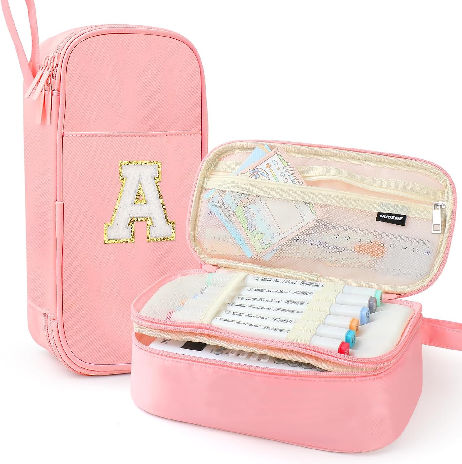 Pink Large Pencil Case for Girls, Personalized Initial Pencil Pouch Bag,Cute Aesthetic Stationery Pen Case Bag,Personalized Graduation Gift for Her Birthday Gift for Teen Girls College (Pink, A)
