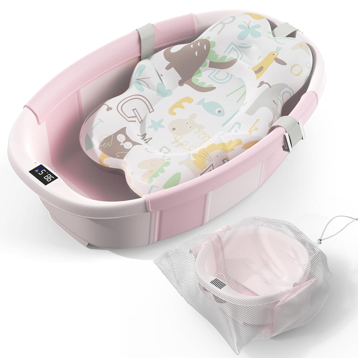 Collapsible Baby Bathtub – Large Baby Bath Tub with Thermometer & Cushion | Travel Portable Newborn Infant Bathtub | Foldable Toddler Bathtub for Baby 0 to 36 Months (Pink)