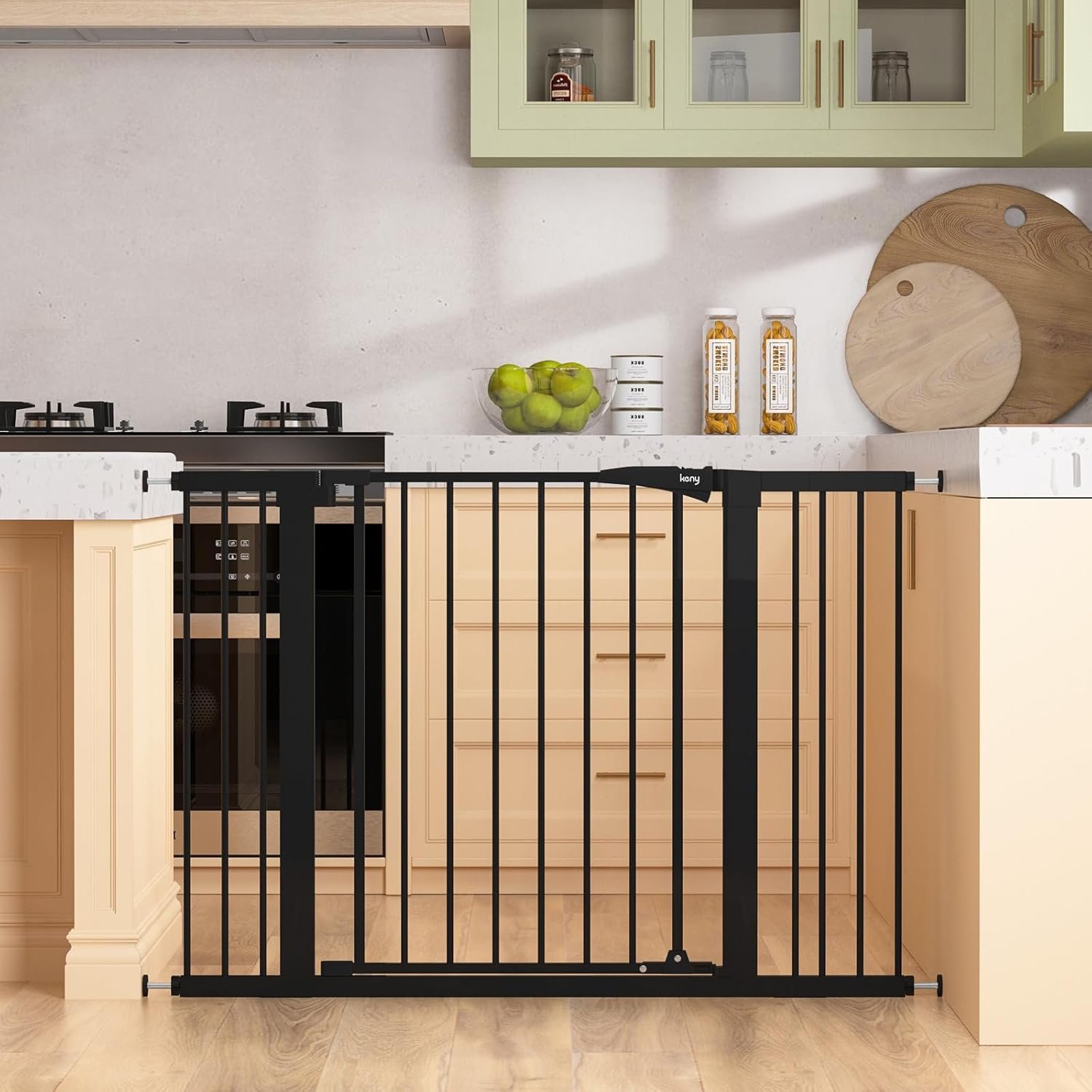 keny 29.7″-46″ Baby Gate for Stairs, Auto Close Dog Gates for Doorways, Pressured Mounted No Drilling Pet Gate Extra Wide, One-Hand Opening Dual Lock Stair Gate, Indoor Kids Necessities, Black