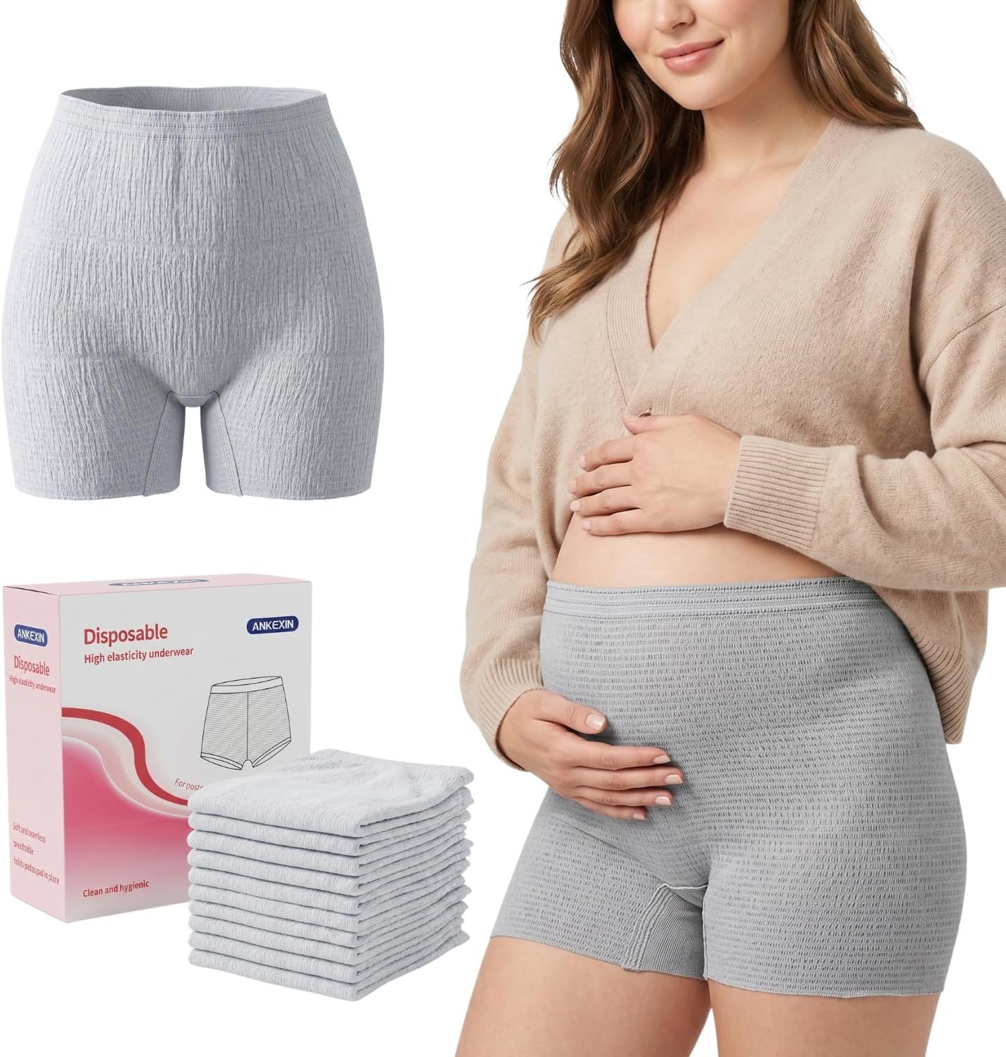 10 Pack Postpartum Underwear for Women, Disposable High Waisted Stretch Boyshort Panties, C-Section Recovery Essentials, Soft Breathable Underwear for Mom, Fits Waist 28″-55″, Grey