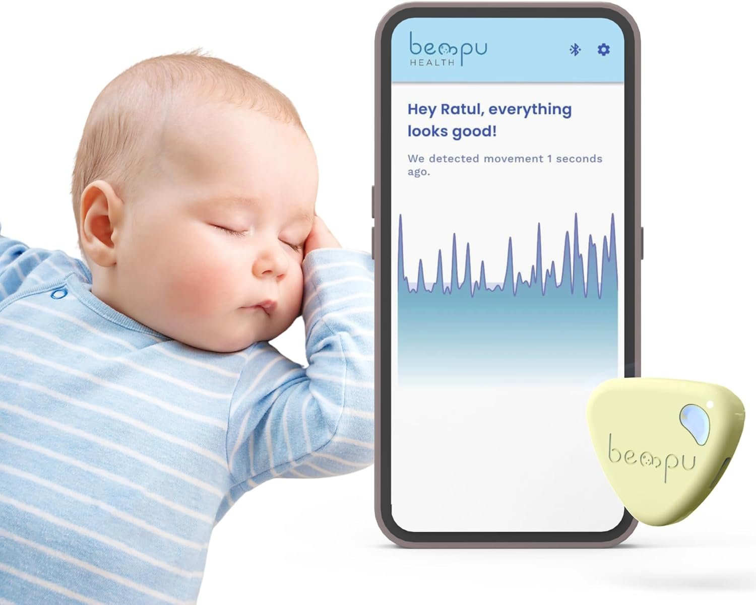 BEMPU® Baby Movement Monitor for Peace of Mind with Gentle Vibration, App Alerts, Easy Clip, Portable & Baby-Safe Design | Sleep Monitor for Newborns and Infants
