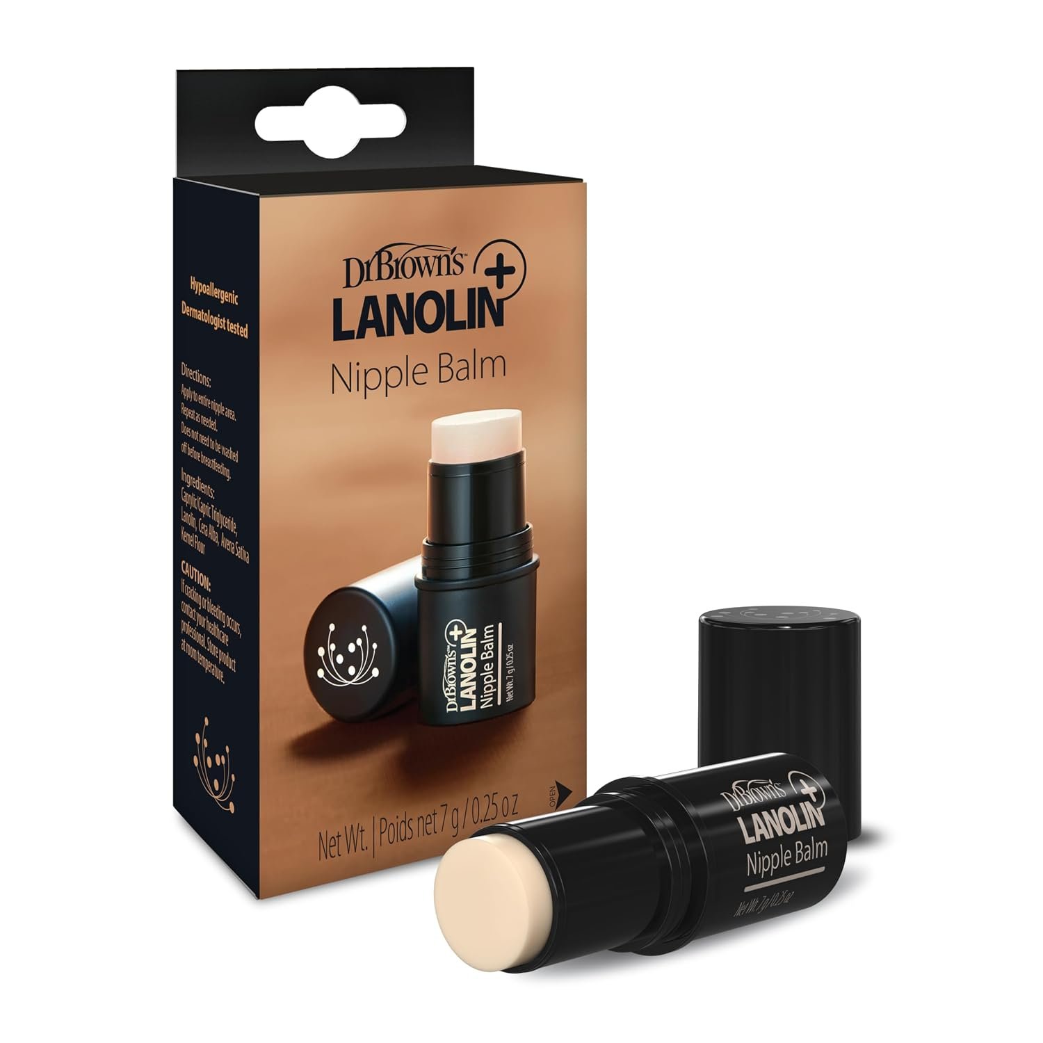 Dr. Brown’s Lanolin+ Nipple Balm, Postpartum and Breastfeeding Essential, Soothe and Protect Dry, Chapped Nipples, 7 g/.25 oz