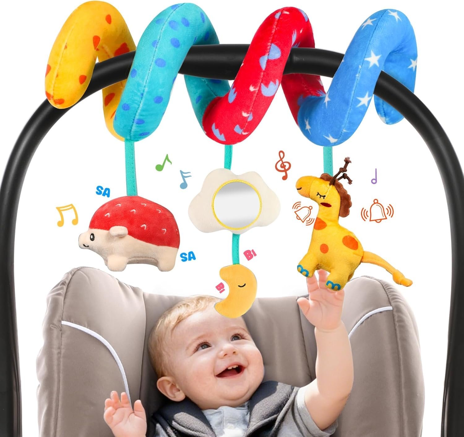 URMYWO Spiral Car Seat Toys for Babies 0-6 Months, Newborn Toys & Infant Toys, 3 Month Baby Toys, Toddler Travel Toys, Sensory Hanging Stroller Toy with Crinkle Mirror, Shower Gifts Essentials