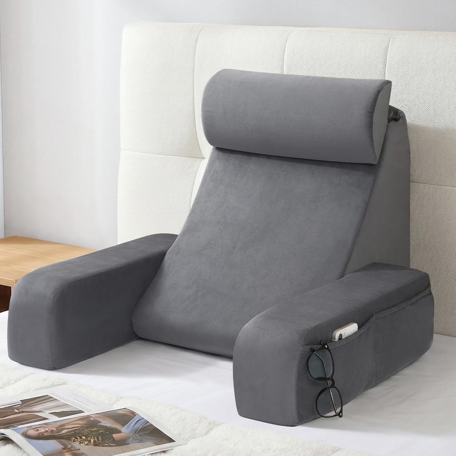 ENITYA 19″ Back Support Pillow,Reading Pillow with Attached Arms & Large Pockets, Removable Washable Cover, Wedge for Sitting,Reclining,Watching TV,Post Surgery in Bed,Couch or Floor,Medium Firm,Grey
