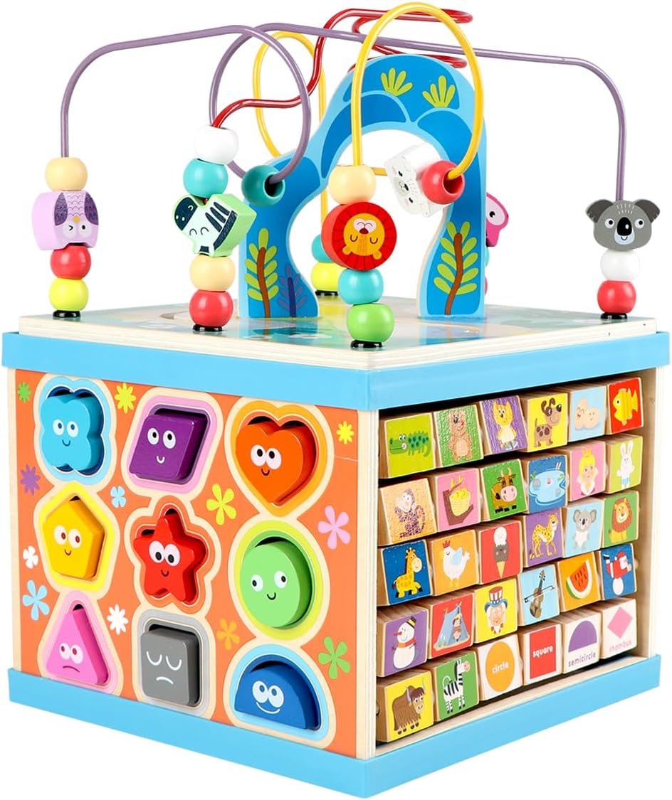 Qilay Wooden Activity Cube for Toddlers, 5 in 1 Multipurpose Abacus Early Educational Montessori Toys, Learning Toys for Kids | Bead Maze, Great for Boys Girls