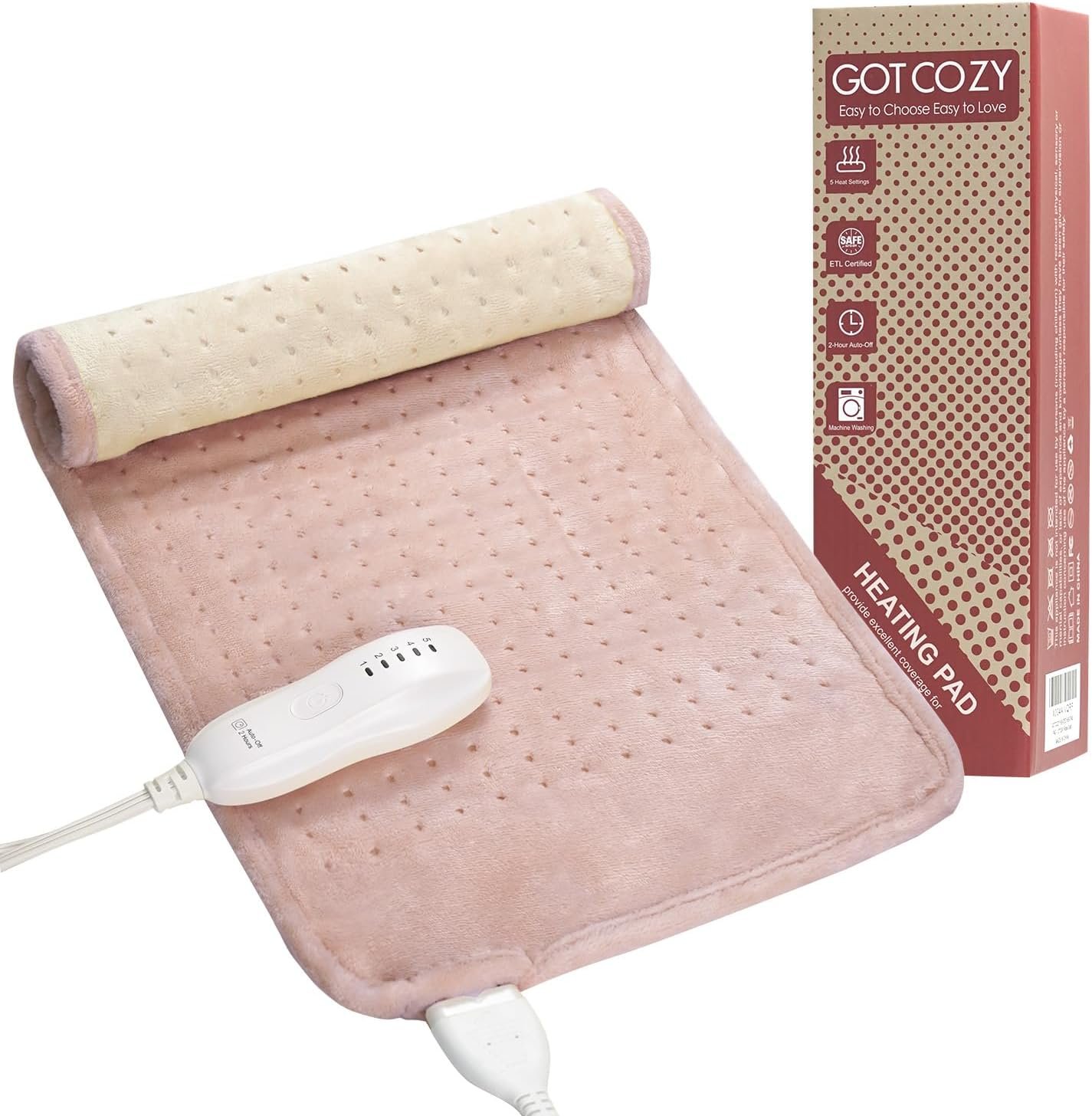 GOTCOZY Heating Pad for Back Pain Relief & Cramps,Electric Heating Pads for Neck and Shoulders with 2H-Auto Shut Off and 5 Heat Settings,Gifts for Mom Men 12”X24”(Rose)