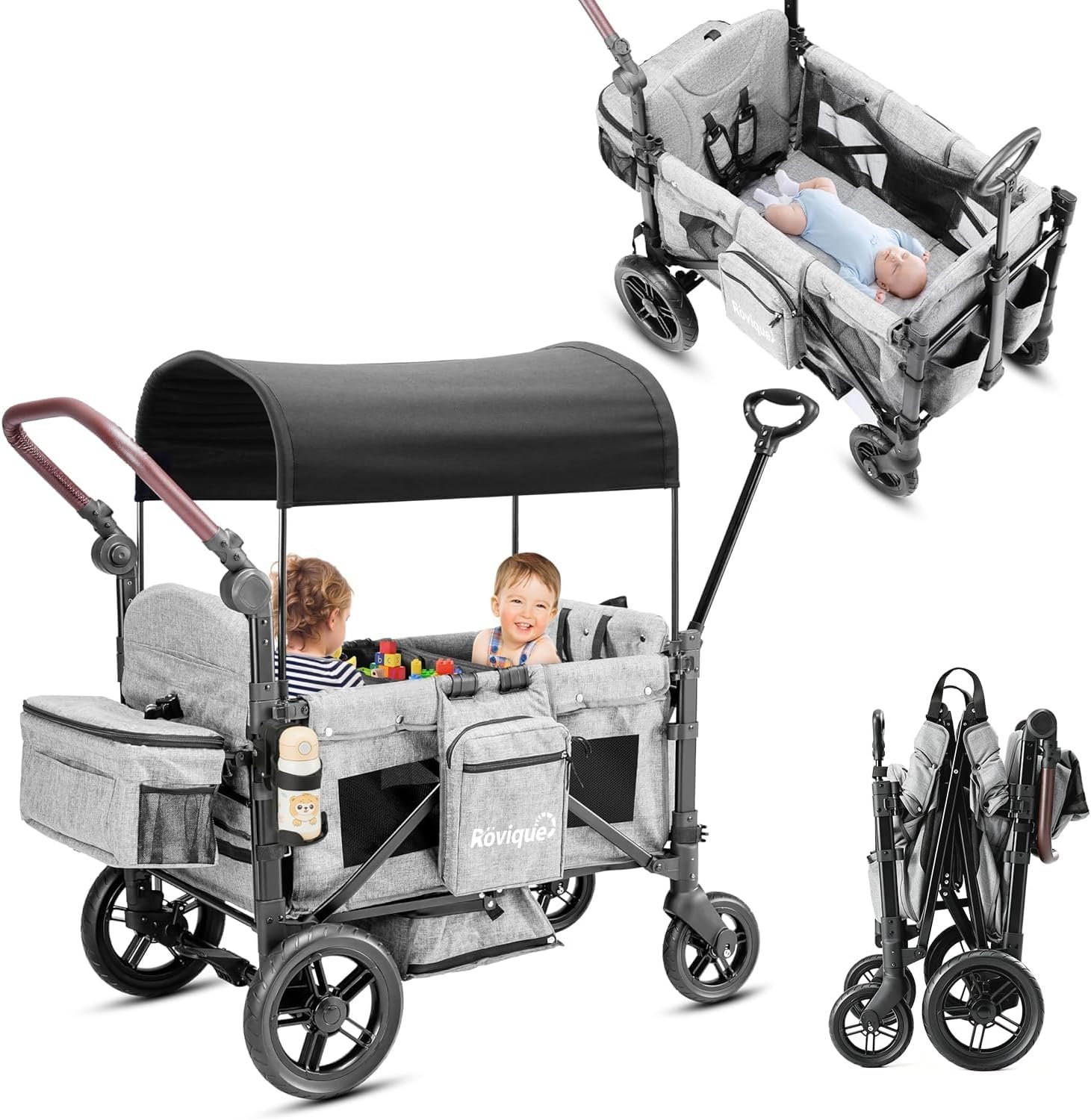 Rovique Wagon Stroller for 2 Kids,Premium Wagon for Kids with Removable Canopy, Snack Tray, Convertible Baby Bassinet, 5-Point Safety Harness, All-Terrain PU Wheels & Adjustable Push/Pull Handle,Grey