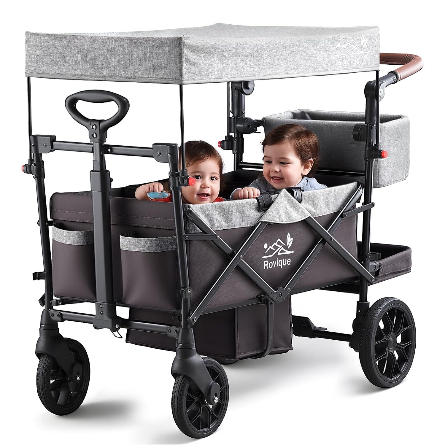 Wagon Stroller for 2 Kids, Premium Stroller Wagon for Kids with Removable Canopy, Safety Harness, Adjustable Handlebar & Storage Organizer, All-Terrain Foldable Baby Wagon for Outdoors