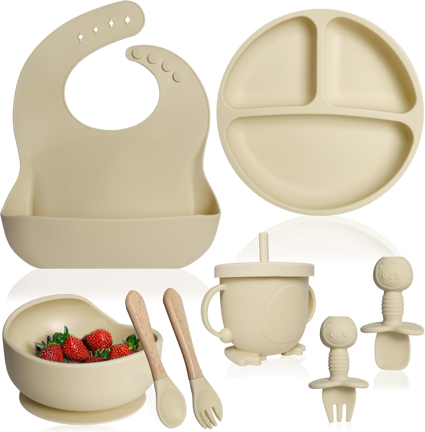 Bluet B- Silicone Baby Feeding Set – Baby Led Weaning Supplies – Baby Spoons, Suction Bowl – Plate – Baby Utensils – Silicone Feeding Set for Baby First Foods, Infant Eating – 8pcs – Beige