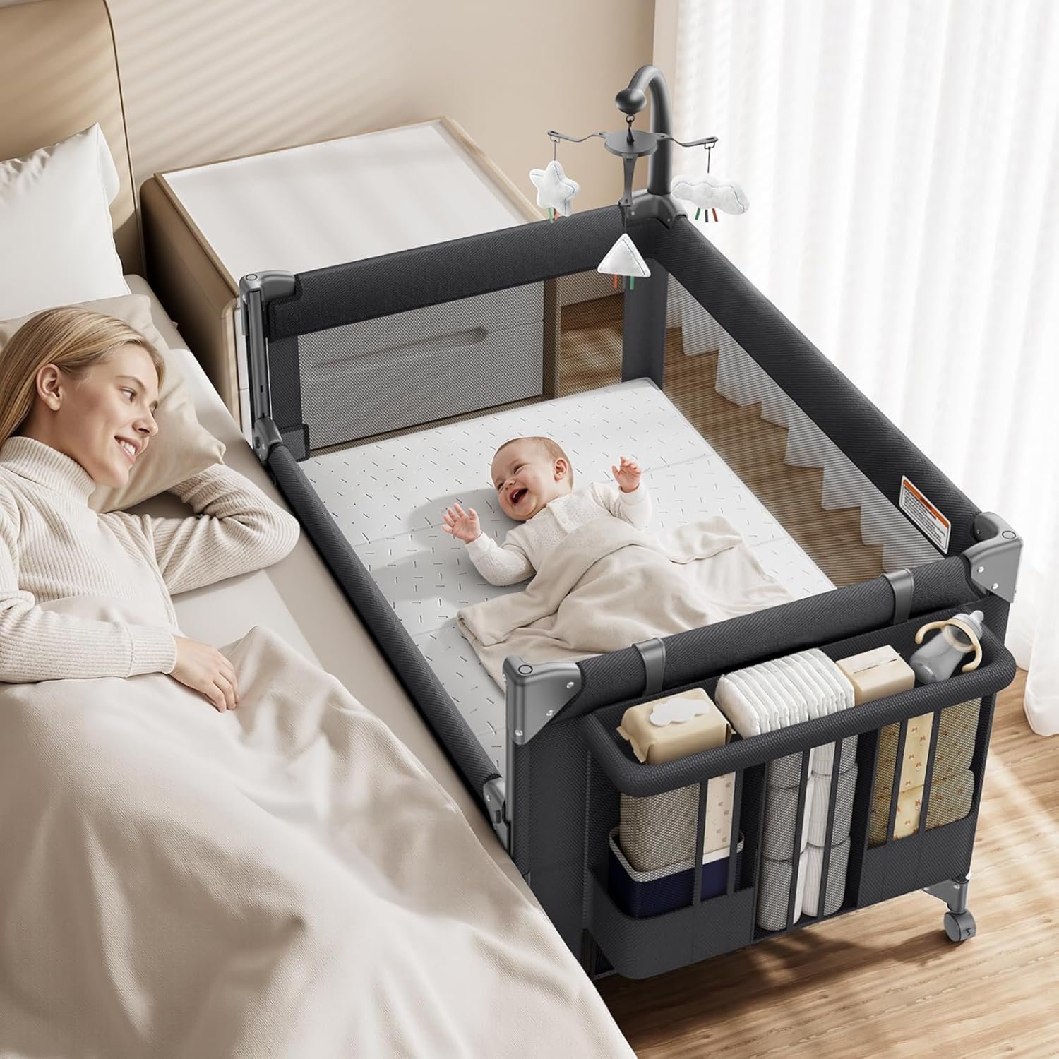 GAIVE 4 in 1 Baby Bassinet, One-Push Setup Pack and Play, Bedside Crib Sleeper with 3 Height Adjustable，Diaper Changer, Come with Comfy Mattress, Rotating Toy Bar, from Infants to Toddlers (Black)