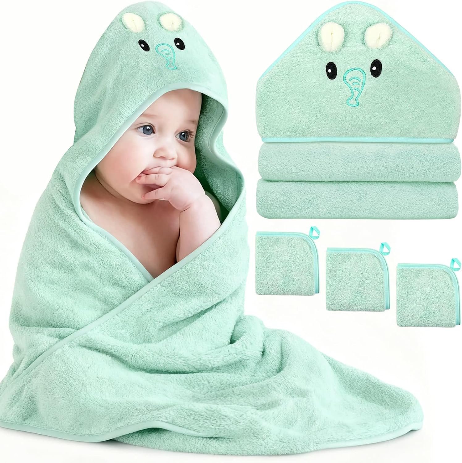 Sublaga 4 PCS Baby Towel Set, Hooded Bath Towel for Infants, Toddlers and Kids, Soft Animal Baby Bath Towels & 3 PCS Washcloths, 32×32 in Hooded Baby Bath Towel for Boy and Girl (Green Elephant)