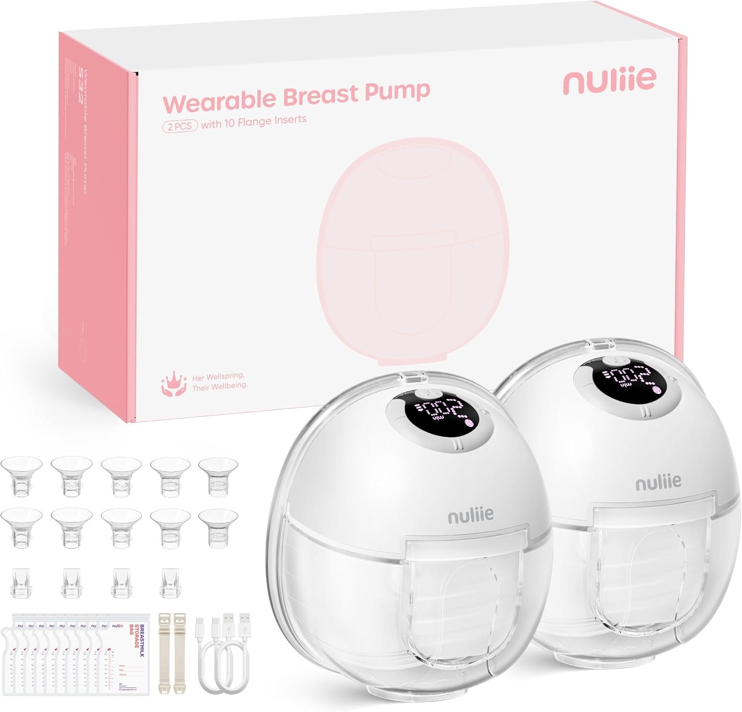 Nuliie S32 Wearable Breast Pump Hands-Free, More Private Electric Pump, 4 Modes 9 Suction Levels, 24mm Flange with 13/15/17/19/21mm Inserts, Easy Clean & Anti-Leak Design (2 Packs, White)
