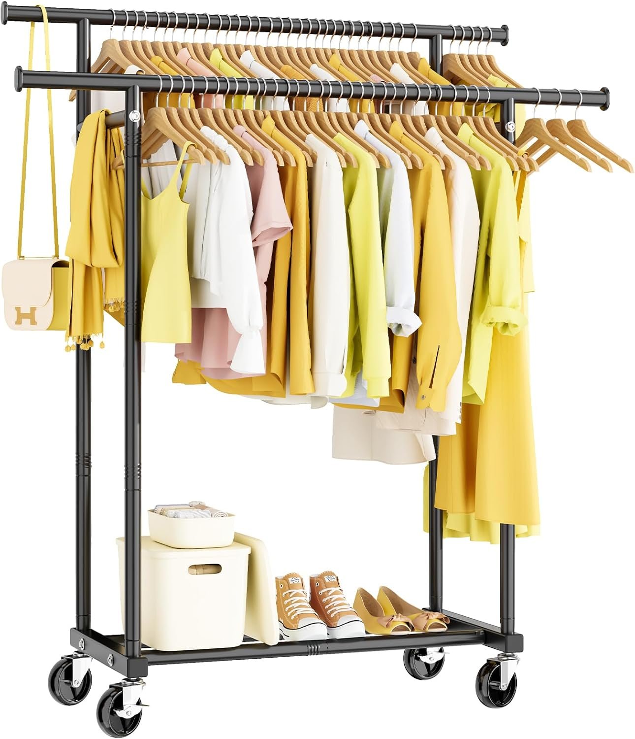 HYSEYY Double Rods Clothes Rack, Rolling Clothing Rack for Hanging Clothes Portable Wardrobe Rack, Metal Garment Rack Sturdy Coat Rack for Bedroom Laundry Living Room, Black