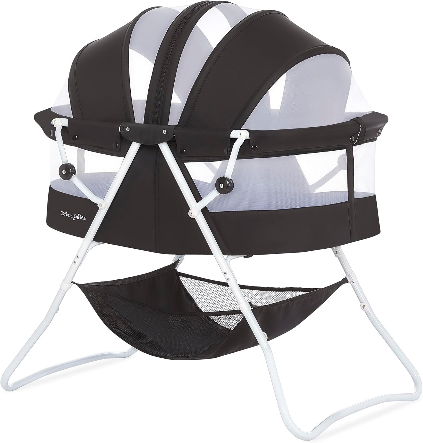 Dream On Me Karley Bassinet, Award Winner Lightweight Travel Baby Bassinet, Foldable Bedside Sleeper, Adjustable Double Canopy, Spacious Design, Soft Fabric, Storage Basket – Black