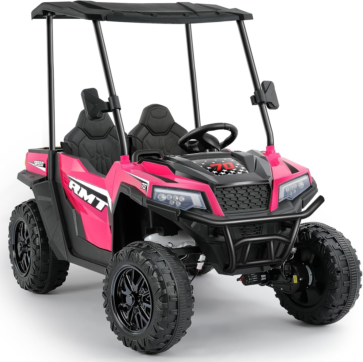 ELEMARA 24V Ride on Toy for Big Kid,Ride on Car 2 Seater w/Sun Shade,Dump Bed & Shovel,4.5MPH,4WD Electric Car for Kids,Battery Car w/Remote,Kids Ride on Truck,3 Speeds,LED Lights,Bluetooth, Hot Pink