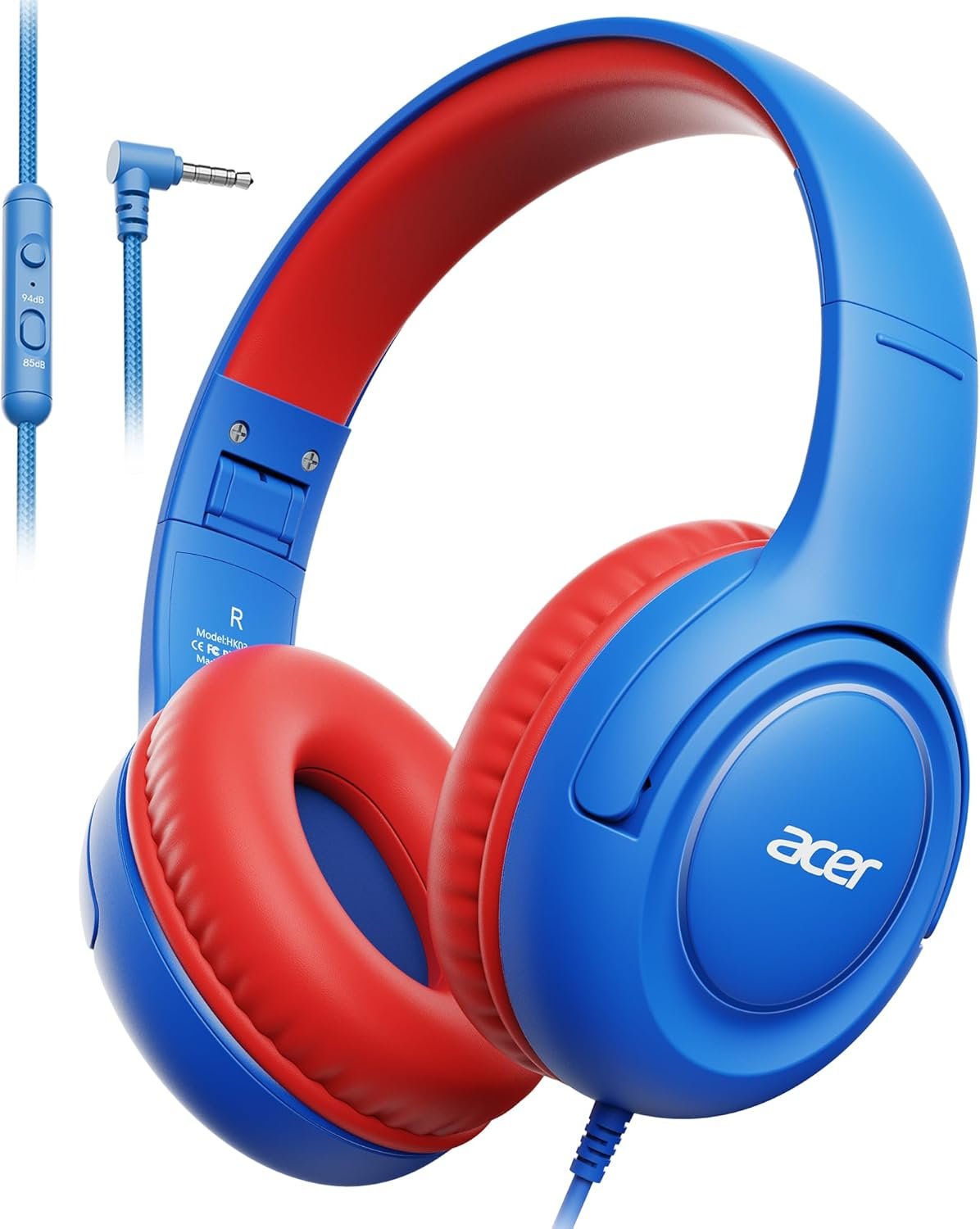 acer Kids Headphones – Over-Ear 85/94dB Volume Limiter, 3.5mm Jack Foldable Stereo Sound Headset for Toddlers Girls Boys Travel Learning Entertainment Tablet Kindle iPad PC,Blue Red, HK03
