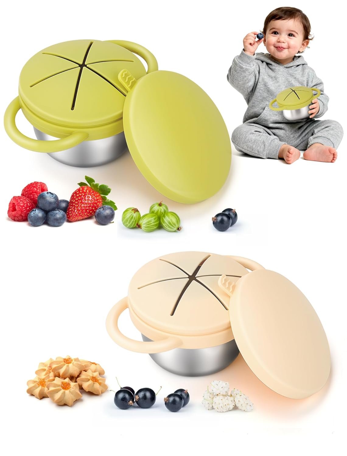 2 Pack Stainless Steel Snack Cups for Toddlers Spill Proof, Toddler Snack Containers with Spill-Proof Silicone Lids & Handles, Dishwasher Safe Perfect for Mess-Free Snacking (Yellow+ Beige)