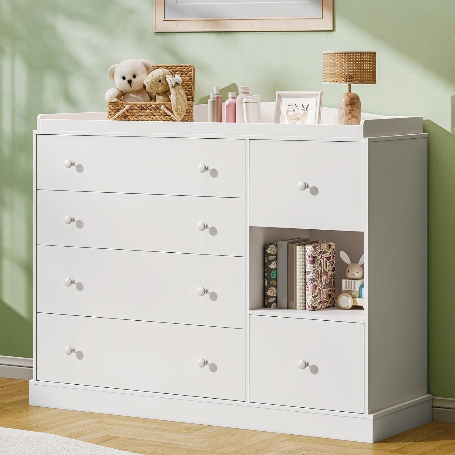 Halitaa Kids Dresser Cabinet with 6 Drawers, Changing Table for Nursery with Shelf, Multi-Functional Chest of Drawers, Kids Bedroom Furniture, Nightstand for Children’s Room, White