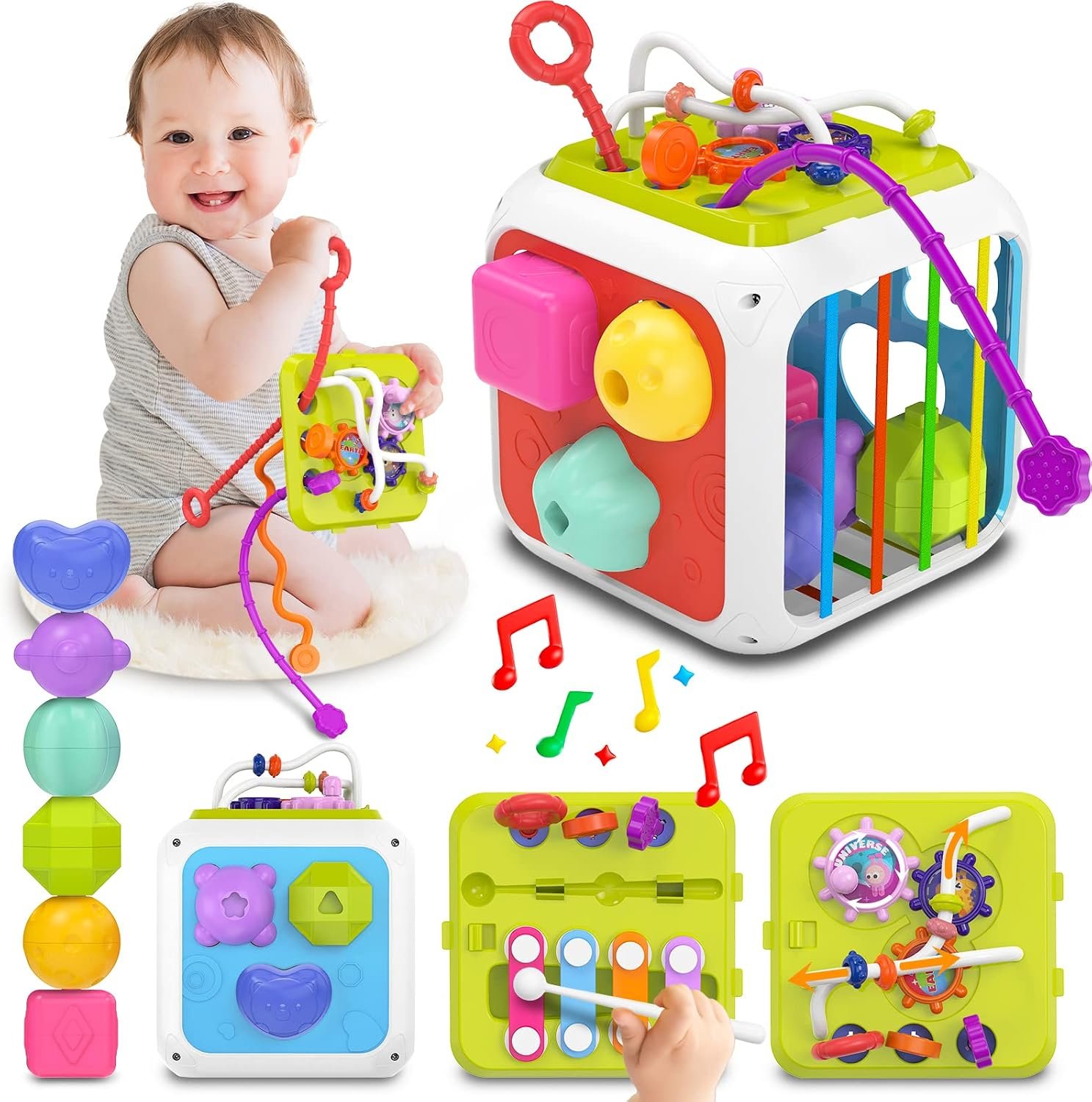 kecristv Montessori Toys for Toddler Girls Boys, Baby Sorter Learning Sensory Activity Cube, Toddler Girl Boy Easter Basket Stuffers Birthday Gifts, Baby Toys 18+ Months