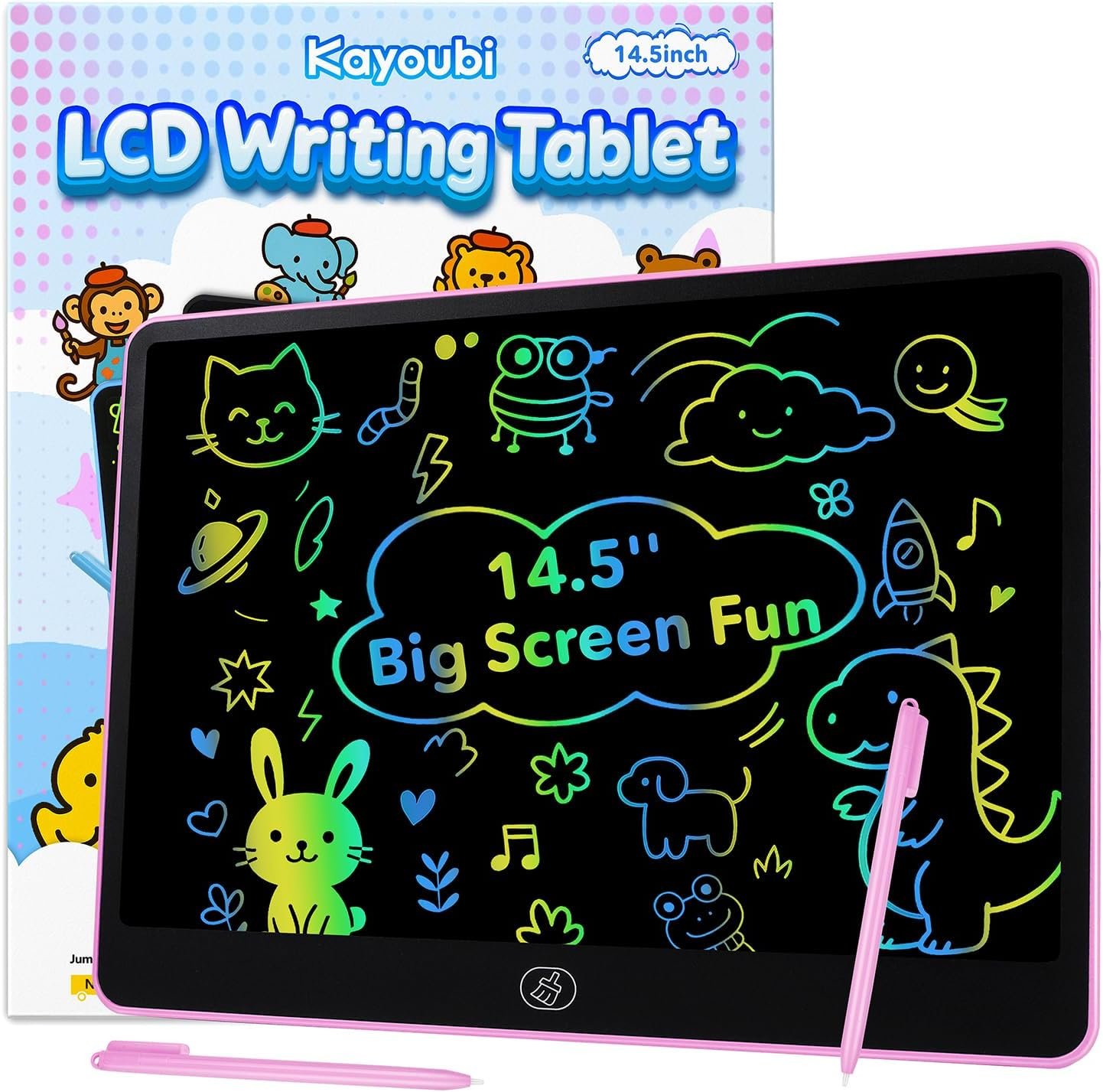 Kayoubi LCD Writing Tablet for Kids, 14.5 Inch Jumbo Screen with Double Pen, No-Mess Reusable Colorful Doodle Board Toys, Gifts for 3 4 5 6 7 8 Year Old Boys & Girls (Pink)
