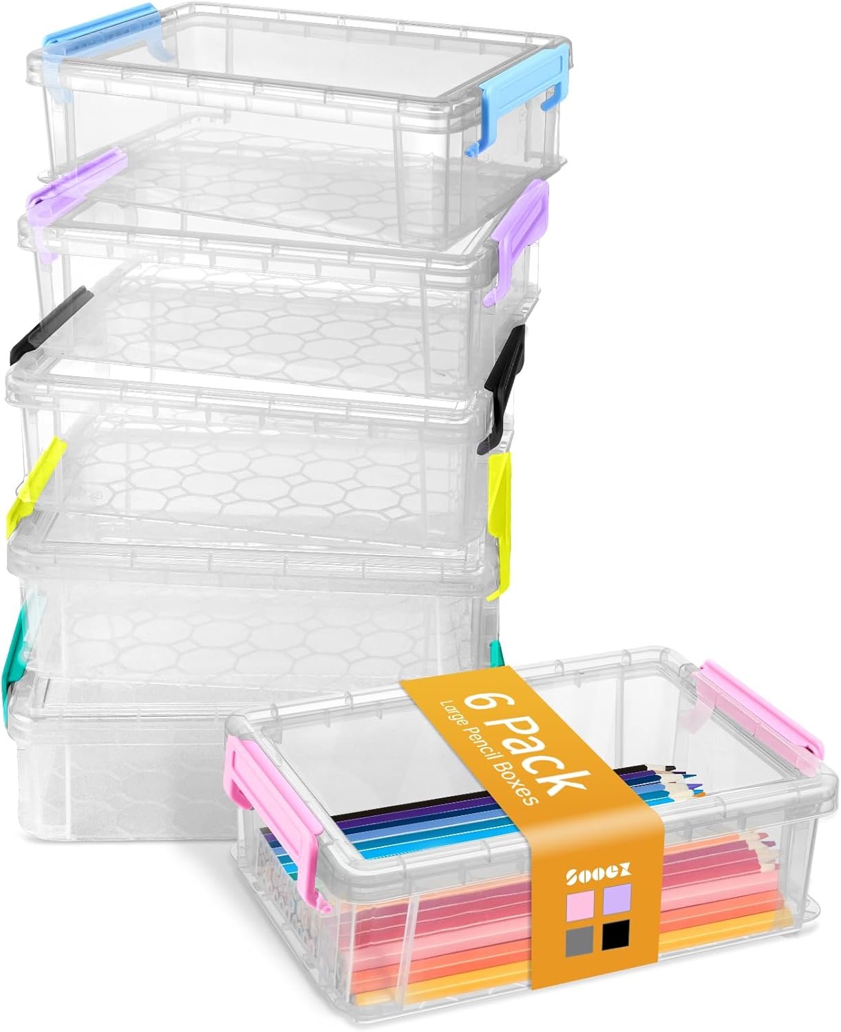 Sooez 6 Pack Extra Large Pencil Box, Plastic Hard Pencil Case Crayon Box Bulk, Clear Marker Organizer Plastic Containers with Lid, Stackable Storage Boxes for Art Craft, Back to School Supplies, Multi