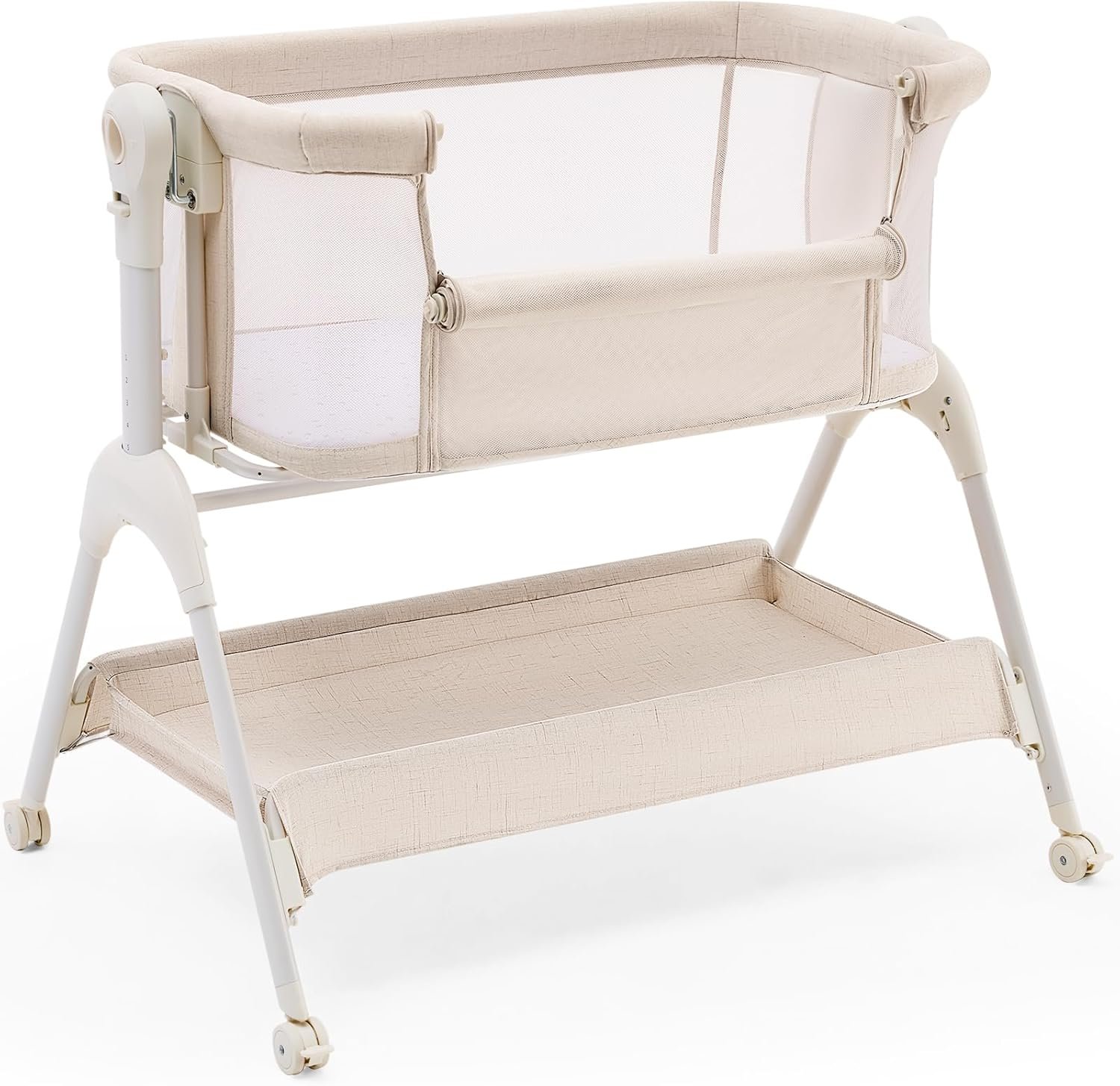 HARPPA Cuddly Sway Baby Bassinet Bedside Sleeper, 3 in 1 Rocking Bassinet with Mattress and Soft Cover, Full Mesh Sides, 5 Height Adjustable with Wheels for Newborns, Beige