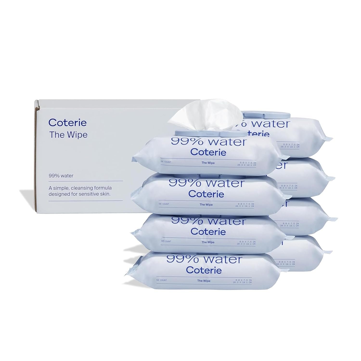 Coterie Baby Wipes for Sensitive Skin, Plant-Based and Plastic-Free Fibers, 99% Water, Hypoallergenic, pH Balanced, Unscented, Clean and Gentle Baby Essentials, 8 Pack, 448 Count
