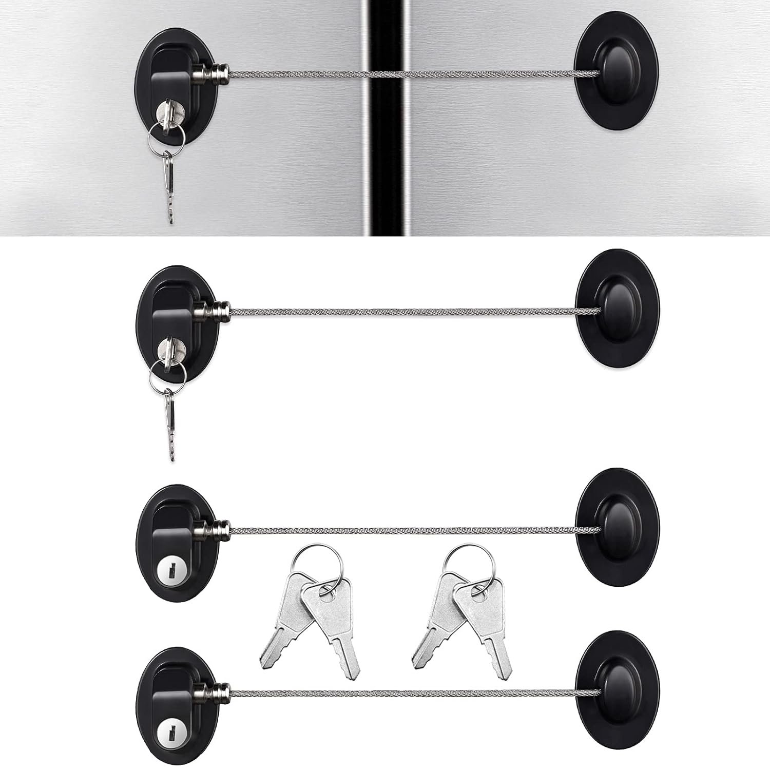 Hotop 4 Pack Cabinet Locks with Keys Refrigerator Fridge Locks Replacement with Steel Wire Self Adhesive Child and Baby Proofing Safety for File Drawers Deep Freezer Doors Latch(Black)