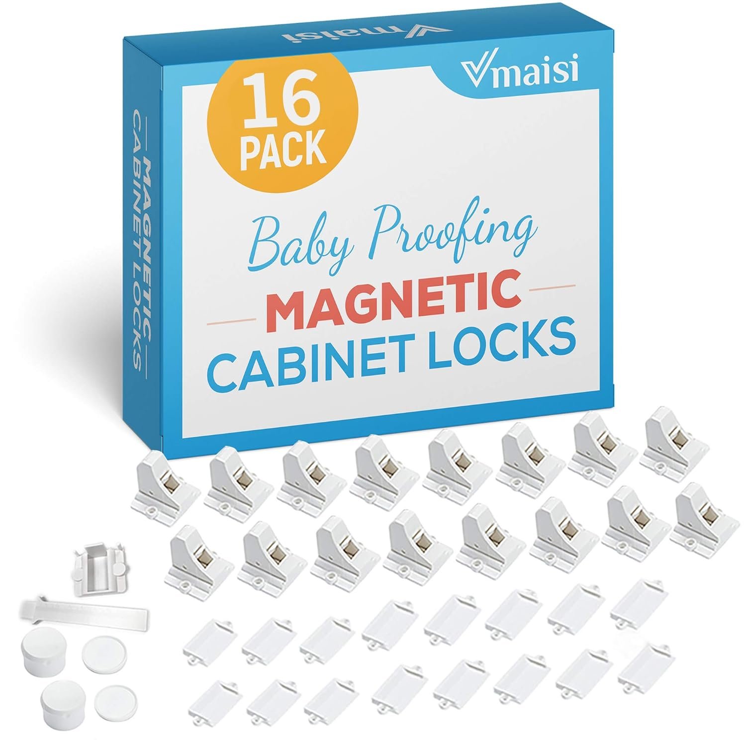 Vmaisi 16 Pack Child Safety Magnetic Cabinet Locks – Children Proof Cupboard Baby Locks Latches – Adhesive for Cabinets & Drawers and Screws Fixed for Protection